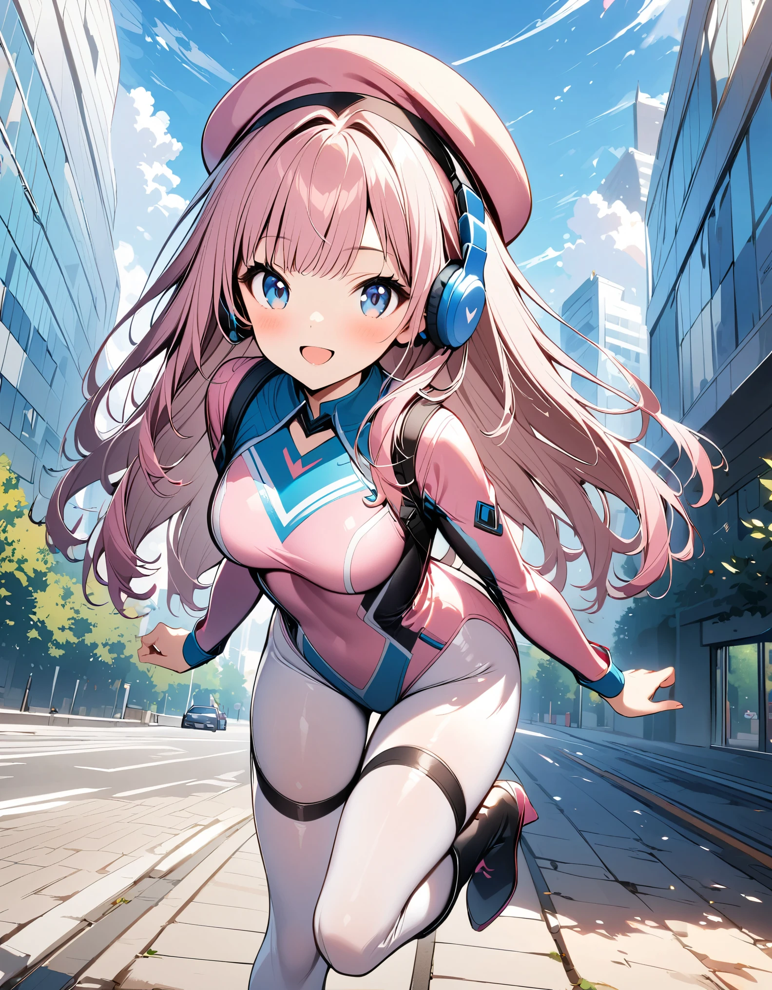 1girl, solo, small breasts, looking at viewer, blush, smile, long hair, bangs, large breasts, pink long hair, long sleeves, blue eyes, headphone, beret, :d, bodysuit, pink bodysuit with blue accents, blue sky, outdoors, office building backdrop, ballet leotard, white full-length tights, thigh-high boots, middle school aged, full body costume design.