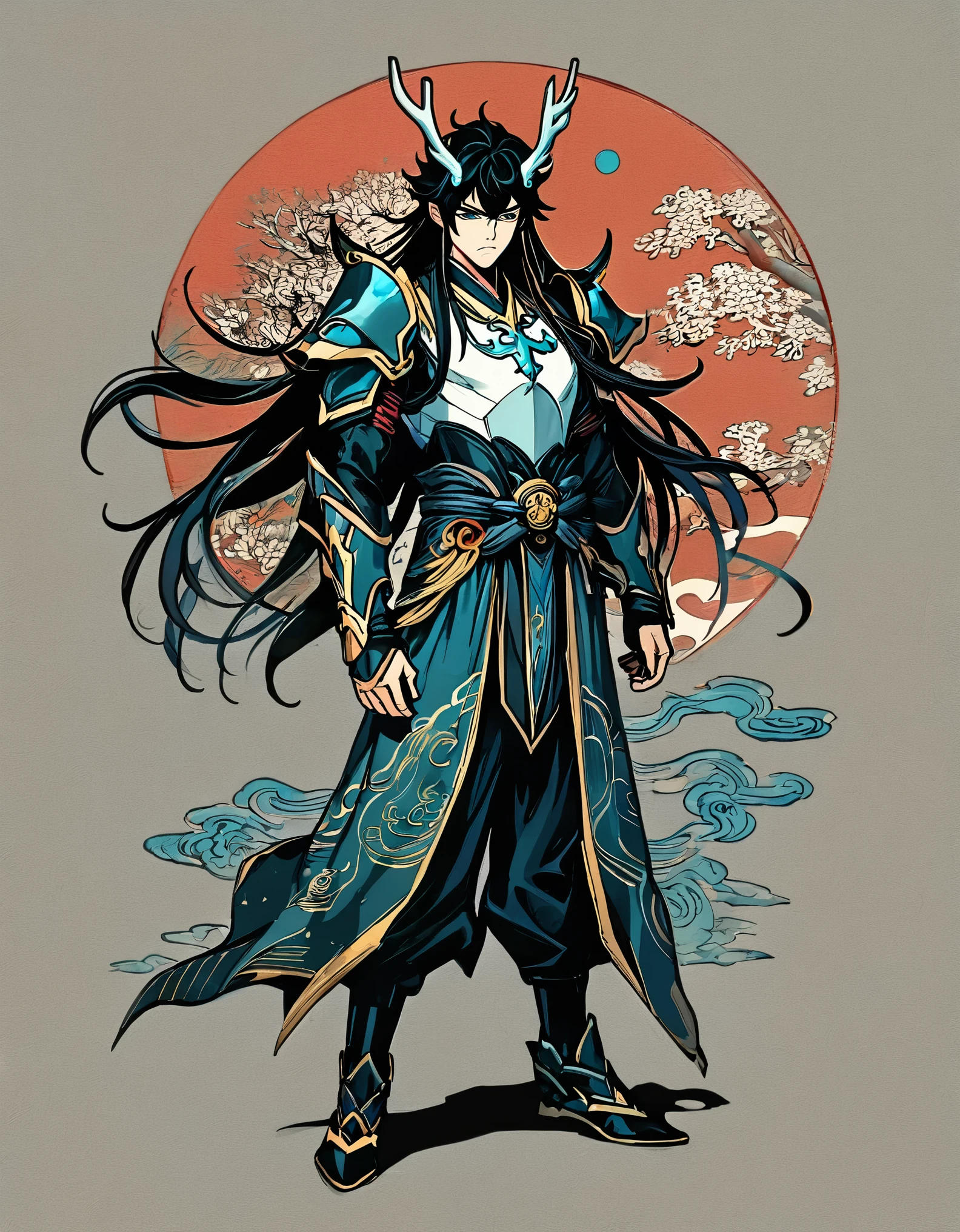 (DAN HENG IMBIBITOR LUNAE), 1man, (detailed eyes and detailed face), masterpiece, best quality, detailed, high resolution illustration), robotic armor, angry, long dark vibrant hair, full body, cool, dark element, Chinese drawing, vibrant color, HDR, shadow, Japan ink drawing, simple no background