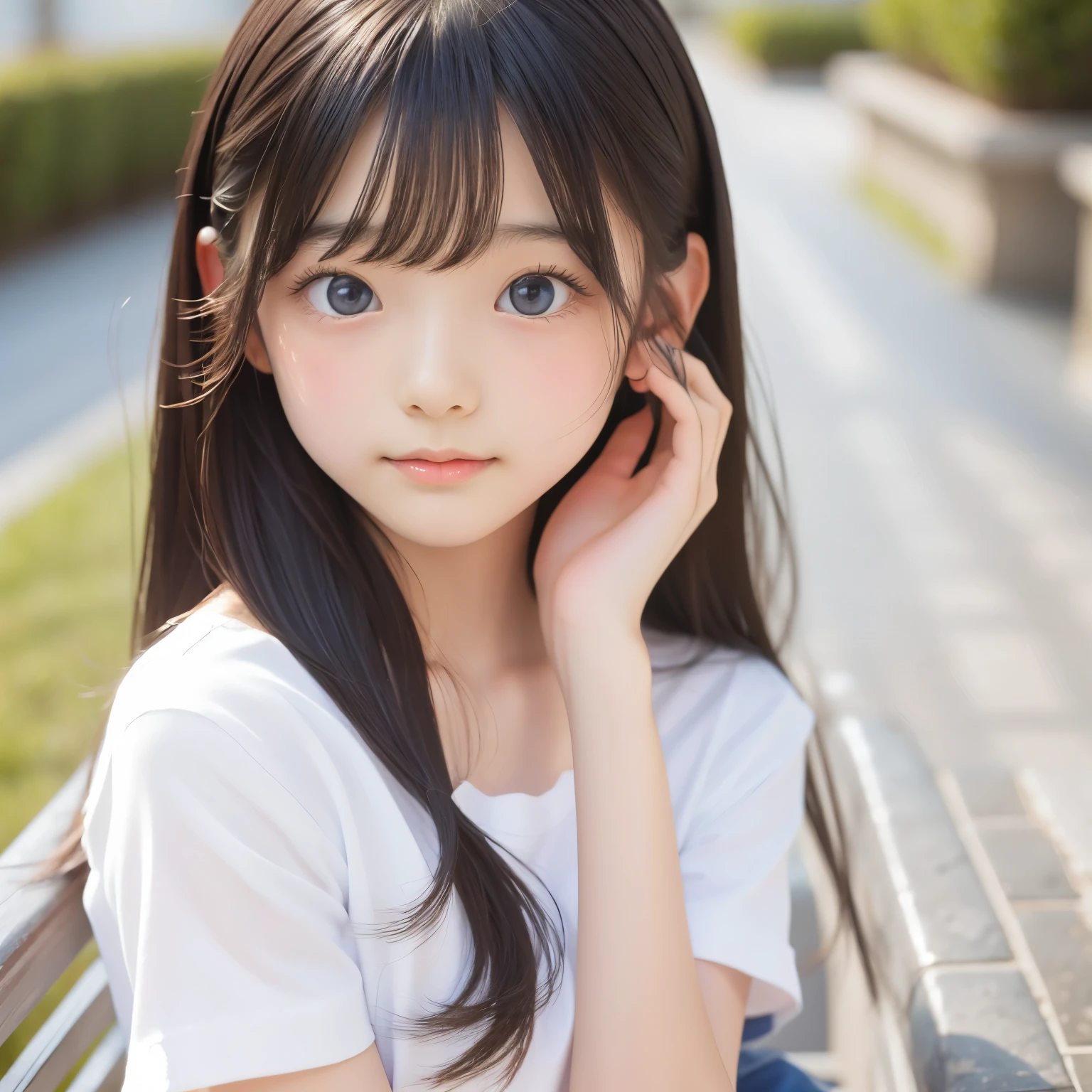 detailed face, cute face, Unparalleled beauty, Shiny、Tightened、Glowing Skin, Bangs between the eyes, Shiny真っ直ぐな美しい金髪, Super long straight silky hair, eyeliner, Sexy, beautiful and pure 14 year old, High resolution big beautiful bright blue eyes, beautiful and adorable girl, Baby Face, Short sleeve shirt