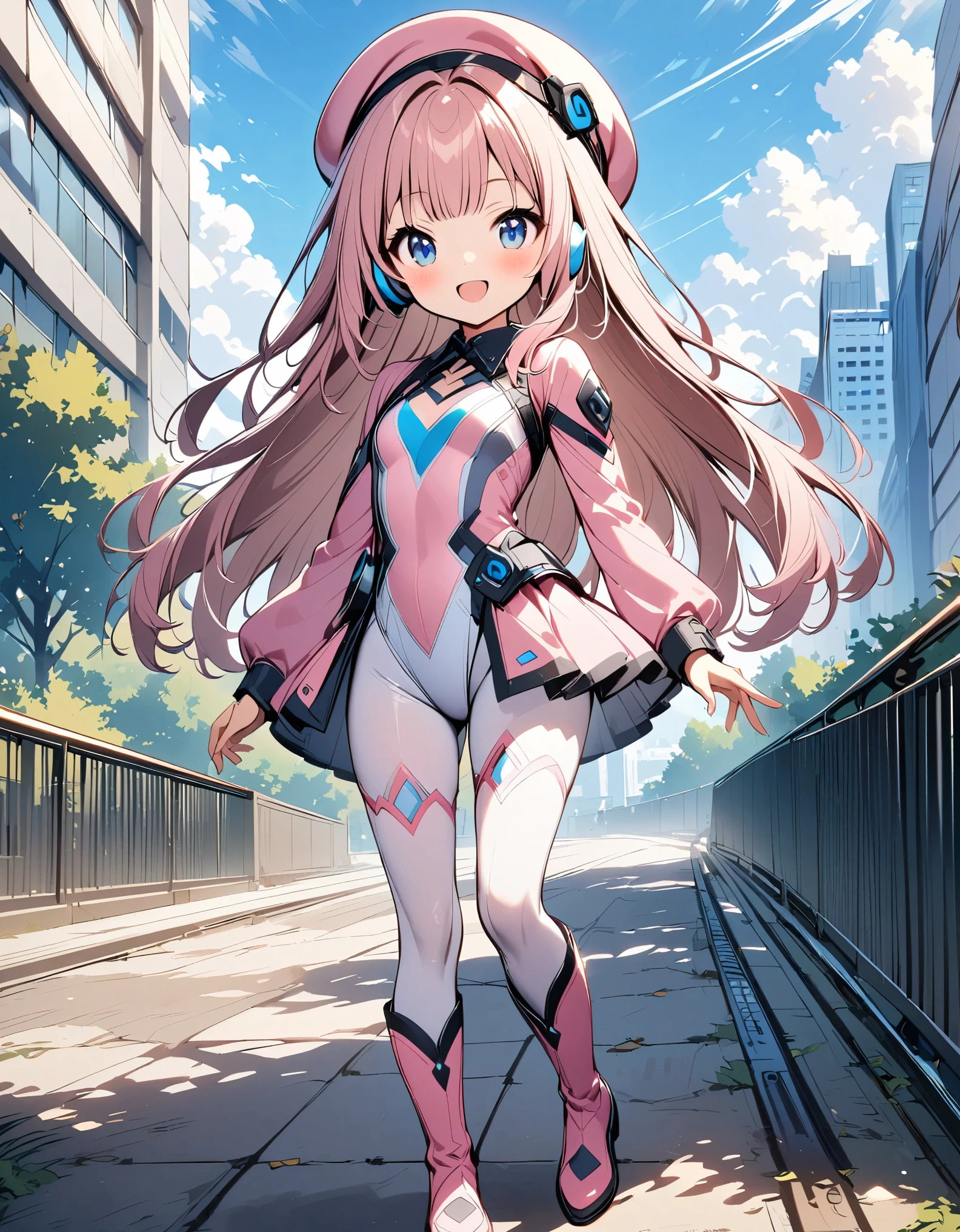 1girl, solo, small breasts, looking at viewer, blush, smile, long hair, bangs, large breasts, pink long hair, long sleeves, blue eyes, headphone, beret, :d, bodysuit, pink bodysuit with blue accents, blue sky, outdoors, office building backdrop, ballet leotard, white full-length tights, thigh-high boots, , full body costume design.