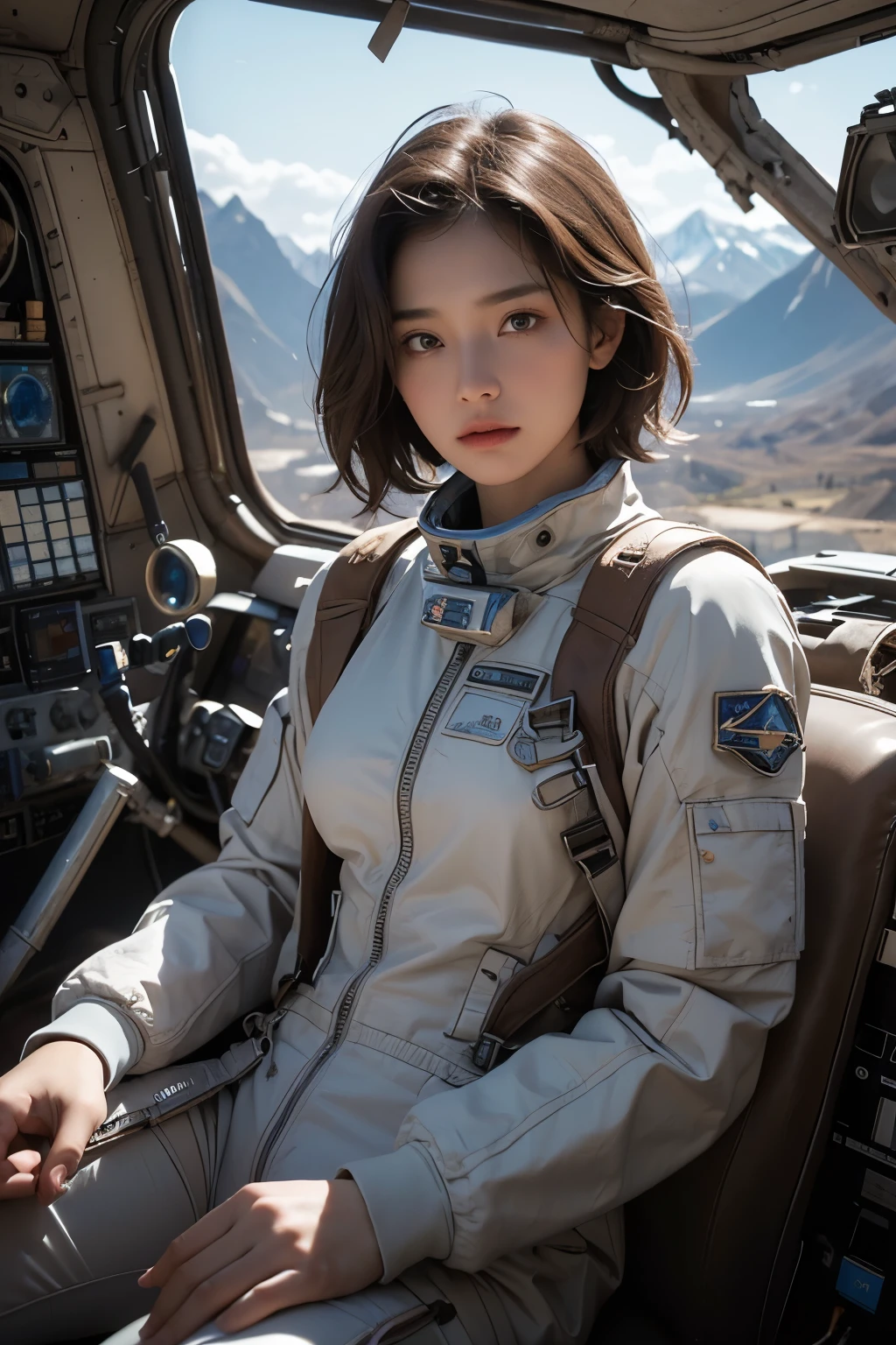 Ultra-high resolution、(Real:1.4)、One beautiful woman、Beautifully detailed eyes and skin、Troubled face、Light brown short hair、Small Bust、Intricately designed spacesuit、Wreckage of a large spaceship、Remains of megastructures、wasteland、Valley、Rocky Mountain、Rainy Sky、it&#39;s raining、flood、