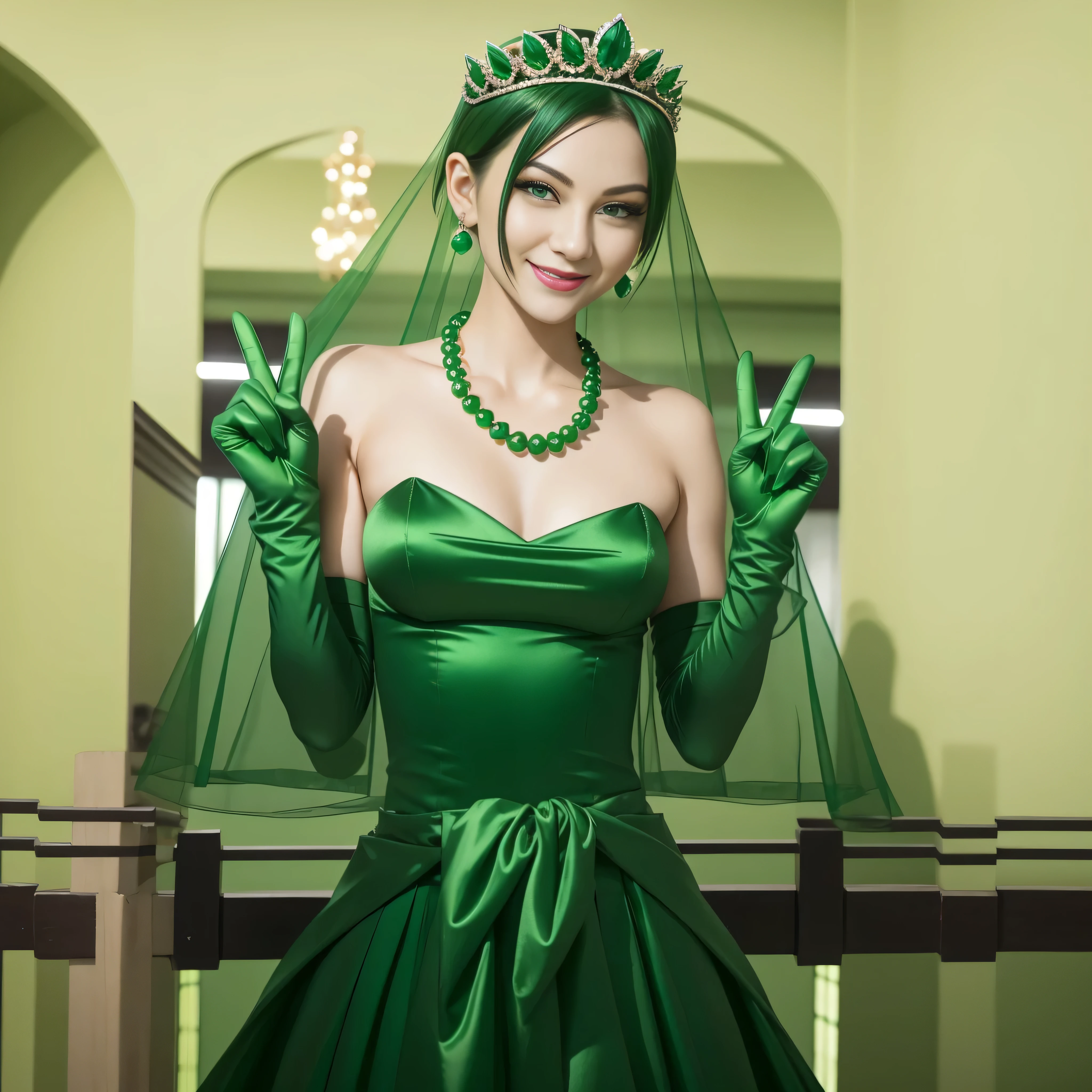 Emerald tiara, Green Pearl Necklace, Boyish very short green hair, lipstick, Smiling Japanese woman, Very short hair, Big and beautiful, Green Eyes, Long green satin gloves, Green Eyes, V sign, Emerald Earrings, Green veil, peace sign, 30-year-old female, Bride in her 30s