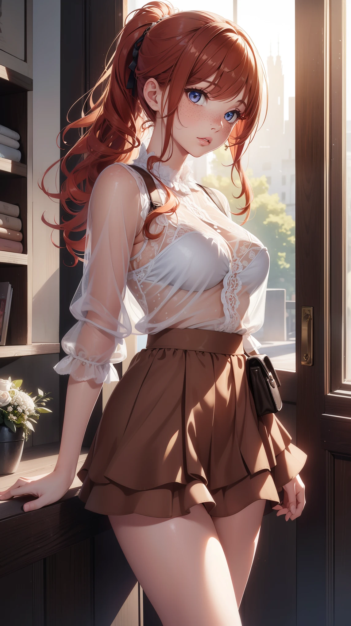 1girl, natural lighting, masterpiece, highly detailed, illustration, game CG, absurdres, high quality, beautiful detailed eyes, glossy lips, natural lighting, medium breasts, redhead, curly hair, ponytail, bangs, freckles, outside, lacey shirt, (see-through miniskirt), tiered skirt, layered skirt