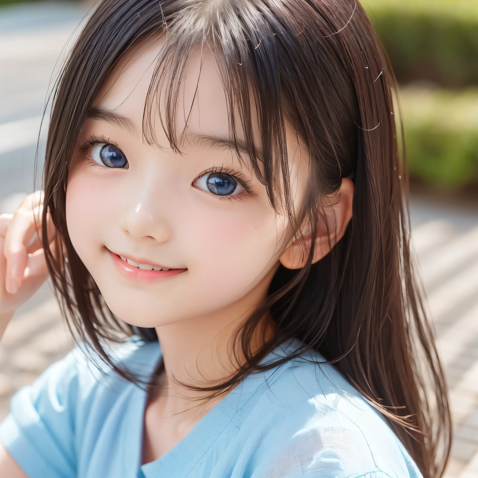 detailed face, cute face, Unparalleled beauty, Shiny、Tightened、Glowing Skin, Bangs between the eyes, Shiny真っ直ぐな美しい金髪, Super long straight silky hair, eyeliner, Sexy, beautiful and pure 14 year old, High resolution big beautiful bright blue eyes, beautiful and adorable girl, Baby Face, Short sleeve shirt, smile