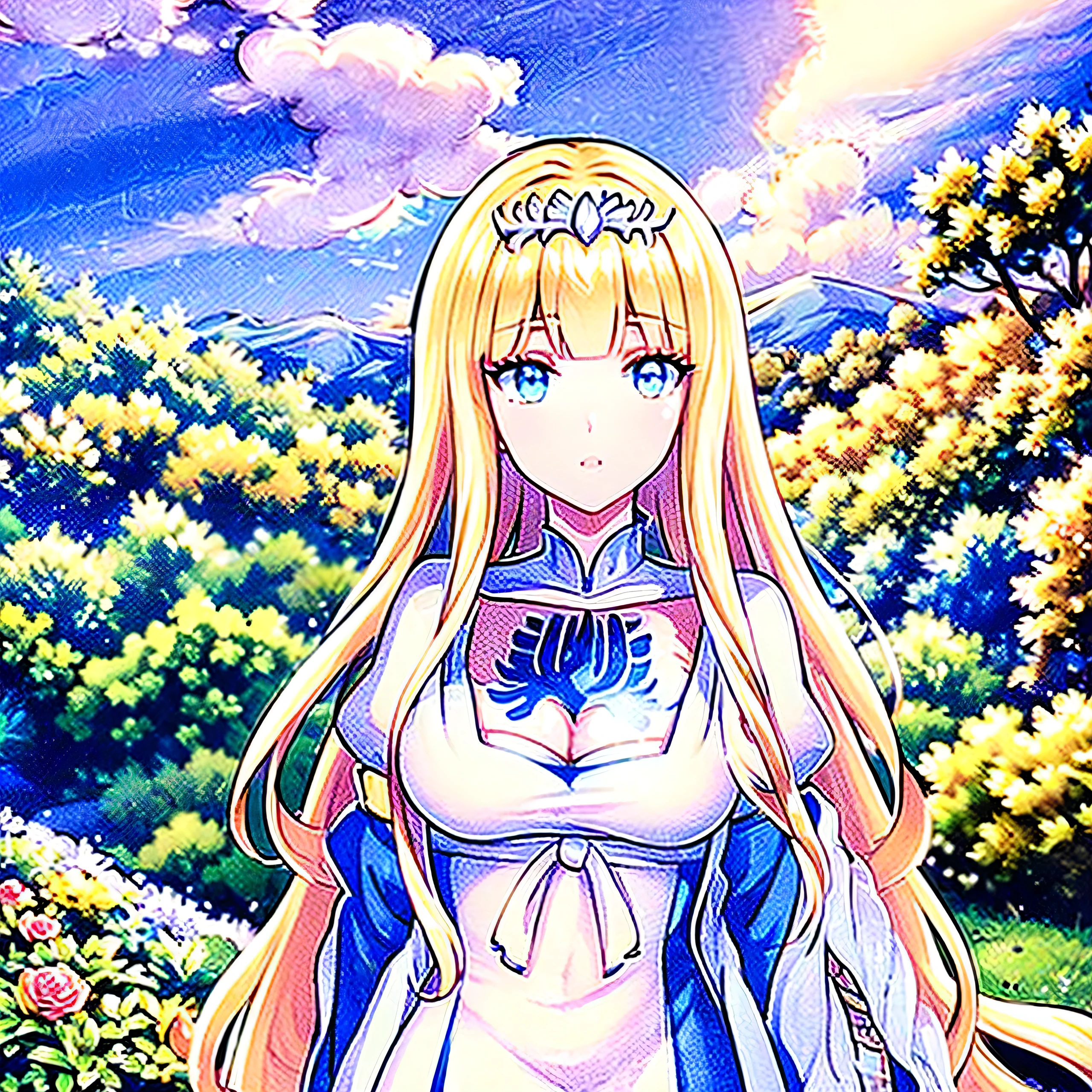 (best quality,ultra-detailed,photorealistic:1.37) alone,adult girl,Long flowing blondes hair,long eyelashes, sparkling dress texture, detailed lips, flowers in the background, soft lighting,stunning makeup,graceful pose,vivid colors, 1girl, solo, Calca, Calca Bessarez, blonde hair, extremely long hair, (very long hair:1.3), white tiara, , white dress, blue eyes, medium chest,