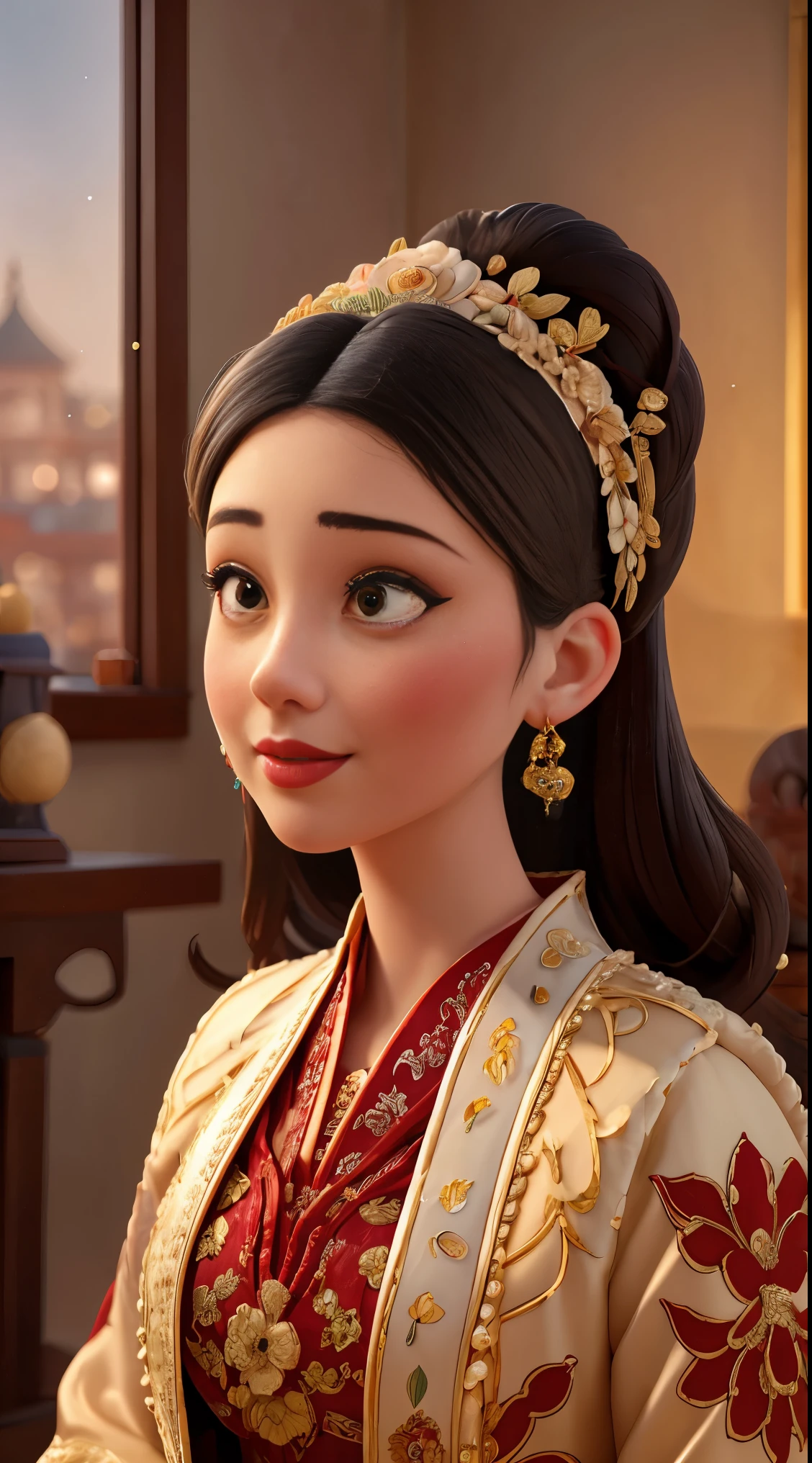 An ancient woman by the window, fixing her hair, mirror, makeup, yellow flowers, classical, aesthetic, exquisite details, high-resolution painting, portraits, realistic, studio lighting, vivid colors, sharp focus, ultra-detailed, detailed eyes, detailed lips, beautiful face features, gentle expression, antique ambiance, traditional setting, vintage, elegant, floral decorations, soft lighting, intricate patterns.