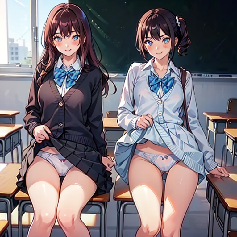 highest quality,masterpiece, ((2 girls:1.5)), (cardigan), Put your knees on your chest:1.5, (smile:1.5), ((high school student)), ((classroom:1.5)), blush:1.3, (White panties:1.5), (skirt lift:1.5), Light blue eyes, Glowing Eyes