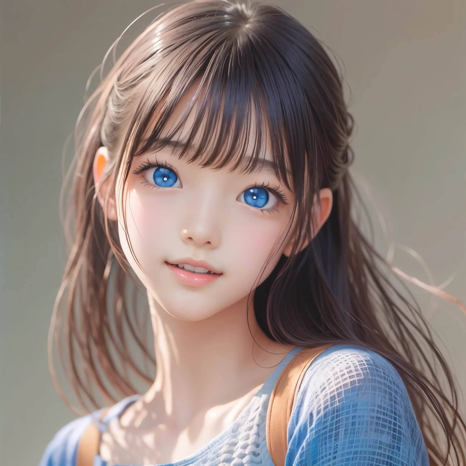 detailed face, cute face, Unparalleled beauty, Shiny、Tightened、Glowing Skin, Bangs between the eyes, Shiny真っ直ぐな美しいプラチナブロンド, Super long straight silky hair, eyeliner, Sexy, beautiful and pure 14 year old, High resolution big beautiful bright blue eyes, beautiful and adorable girl, Baby Face, Short sleeve shirt, smile