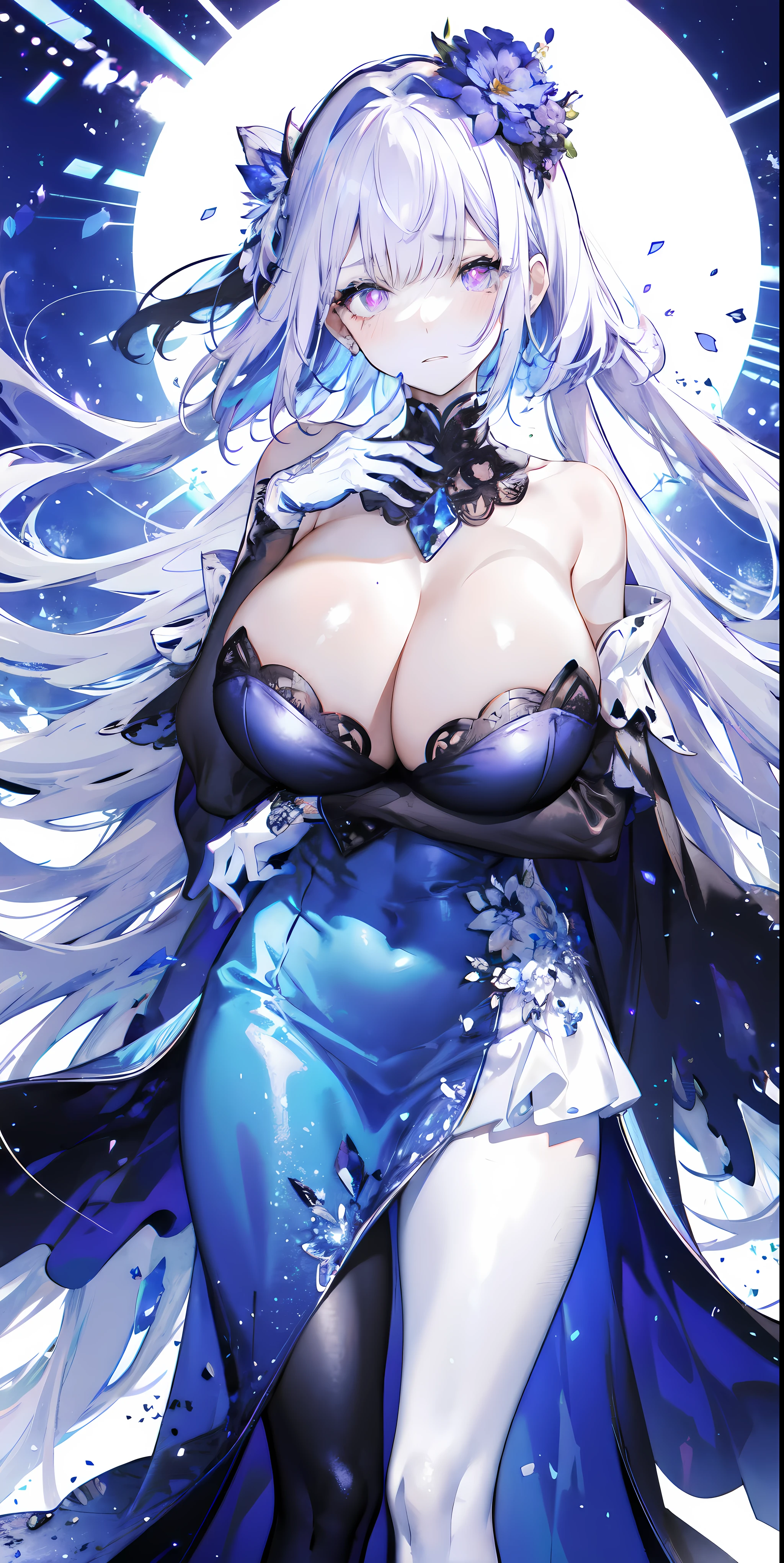 ((masterpiece:1.4,best quality)),(Super detailed),(Extremely detailed eyes),(black leggings,Shiny socks:1.5),Hello Darkness
(Cute girls),s old,(Blood-red pupils,Diamond-shaped pupil:1.15),Purple Eyeshadow,(elongated hair,Thick hair,Single ponytail,shiny hair:1.5)(Changes through:1.2),White skin,despair,sad,Empty eyes,tears streaming down my face,tilting its head to the side,kneel
(She wears blue armor,A blue dress,:1.5),(Black gloves:1.4)Very long plush sleeves,White,White Cloud,Dream bubbles ,Ice and glitter effects
(Black long skirt:1.1),
(dawn:1.2),
(Intense black and white:1.16),(Depth of Field:1.4),,Intricate details,(Castle in the Sky,Standing by the lake,Purple flowers by the lake),(((Huge breasts,Bare breasts,Deep cleavage)))
