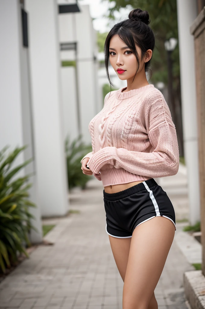 1woman, woman, asian woman, woman, hot woman, asian/Philippines model, beautiful, model, sport shorts, girly shorts, running shorts, casual woman shorts, sweater, cute female sweater, sweater, great figure, perfect proportions, black hair, long black hair, long beautiful hair, bunn in hair, hairbun, hairbun for woman, messy hair bun, messy hair bun, white eyes, perfect beautiful white eyes, detailed white eyes, majestic woman great figure, asian/Philippines, asian woman, light pink lipstick, perfect face, cemeterial face, great body, beautiful body perfect face with white eyes black hair light pink lipstick asian/Philippines,casual clothes, sport shorts, girly shorts, running shorts, casual woman shorts, sweater, cute female sweater, sweater, asian woman, (Thick body, great figure) BREAK highly realistic, perfect image, realistic image, photorealistic, real image, real photo 8k image, high-resolution. [perfect hands, perfect legs, perfect proportions, perfect face, woman] asian woman, beautiful asian woman (white eyes, beautiful white eyes, detailed white eyes) *black hair* *white eyes* *messy hairbun* *sportshorts for woman* *oversized sweater*
