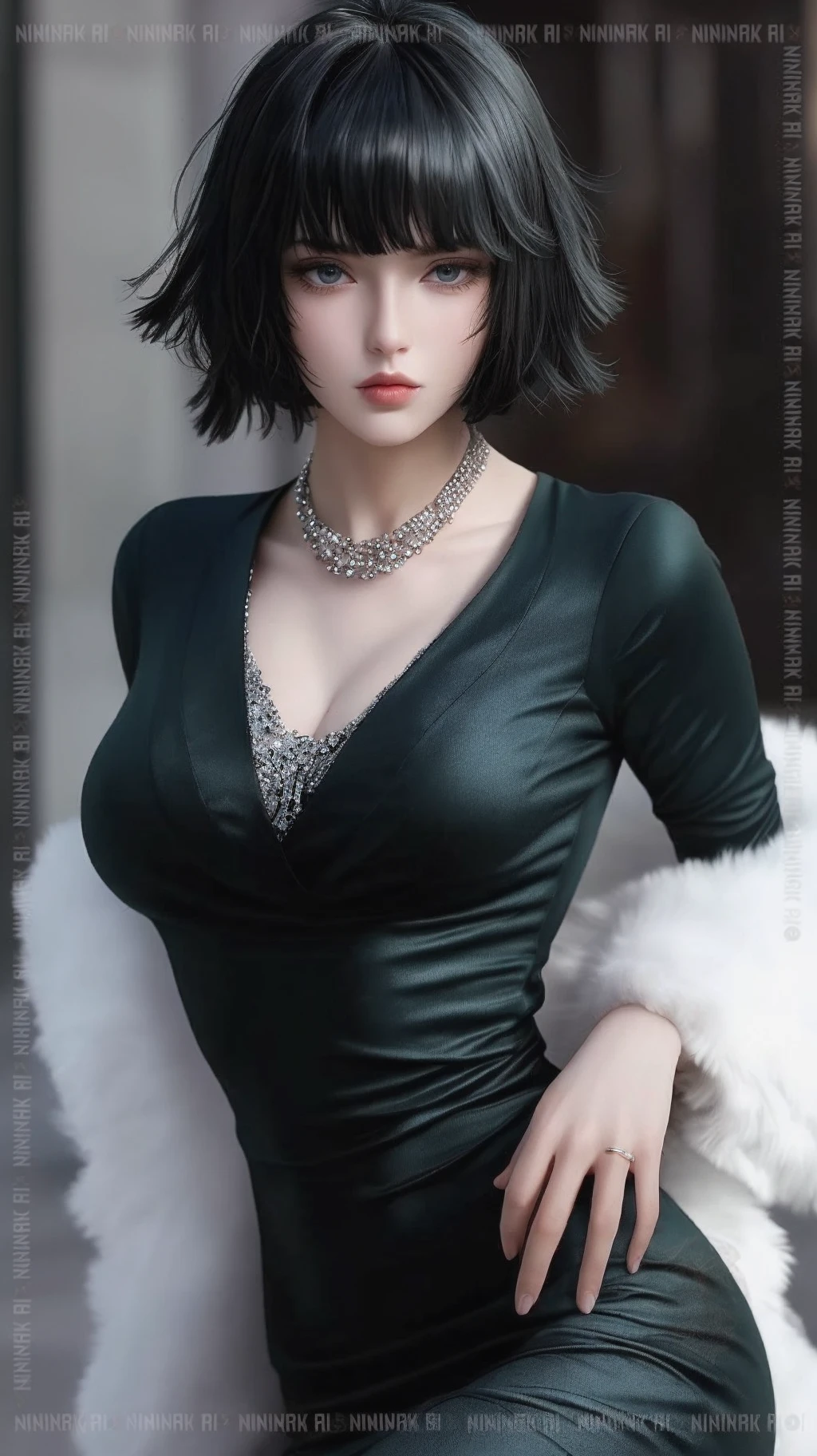 (ultra realistic,32k, masterpiece:1.2),(high detailed skin:1.1),( high quality:1.1),
<lora:opm fubuki manga-lora-nochekaiser:0.8>fubuki, (greenish black hair:1.1), (green eyes:0.8), short hair,black dress, (bodycon:1.2) dress, green dress, fur coat, (collarless:1.1), jewelry, necklace, off shoulder, taut clothes, taut dress,,(looking at viewer, sitting:1.1), , (huge breast, large breast:1.1),<lora:add_detail:0.77>,
(radiant:1.1), destroyed city, collapsed buildings, blurry background,