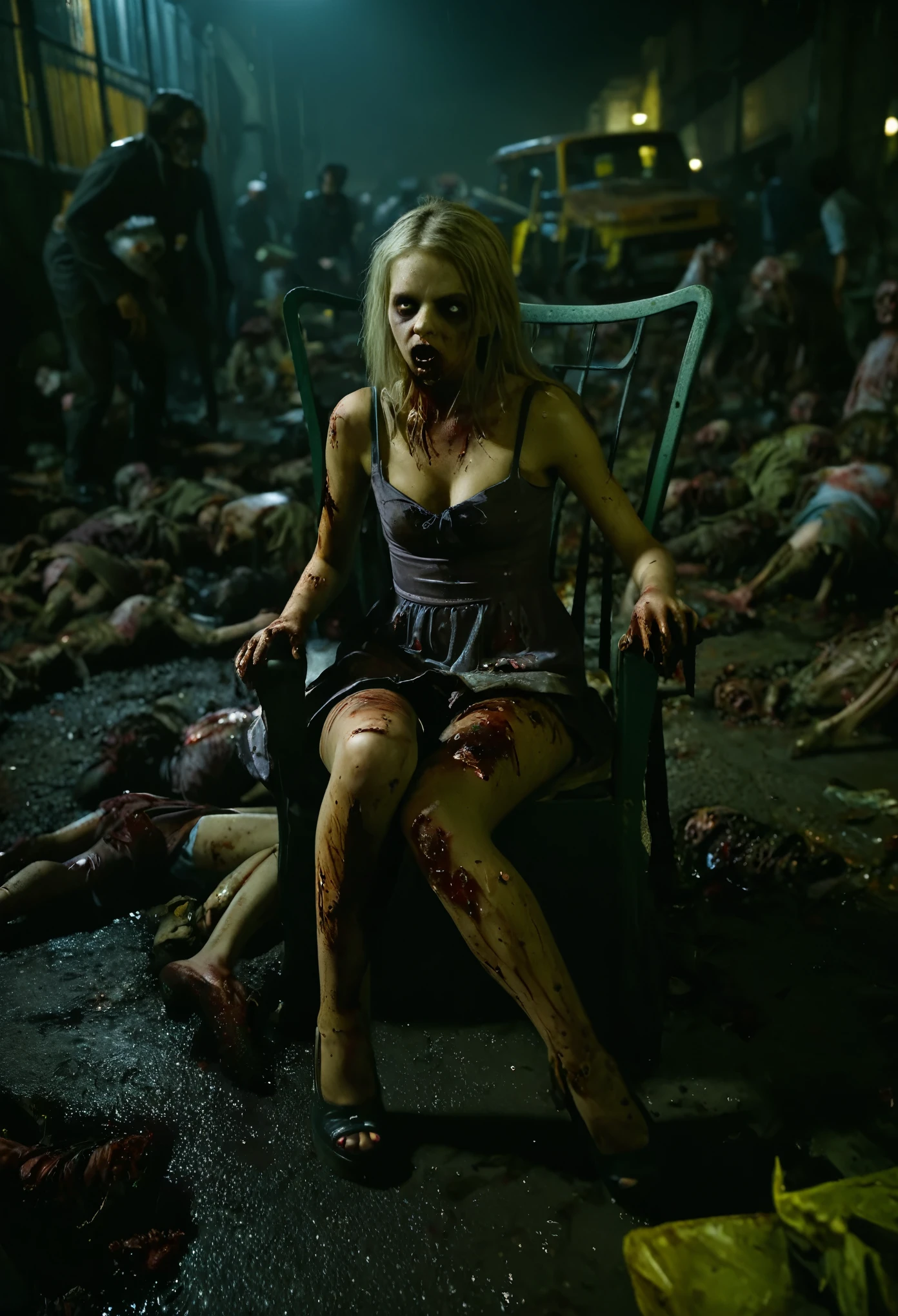 Practical ,写实photo, best quality, High resolution, portrait, photo_dark, Sewer background, Dirty atmosphere, Garbage pile on the ground, stench, Sewage, A zombie girl sitting on a chair,(A bunch of zombies roaming around here),(Rotten monster close up),Depth of Field,(Camera UI interface),(Thriller)