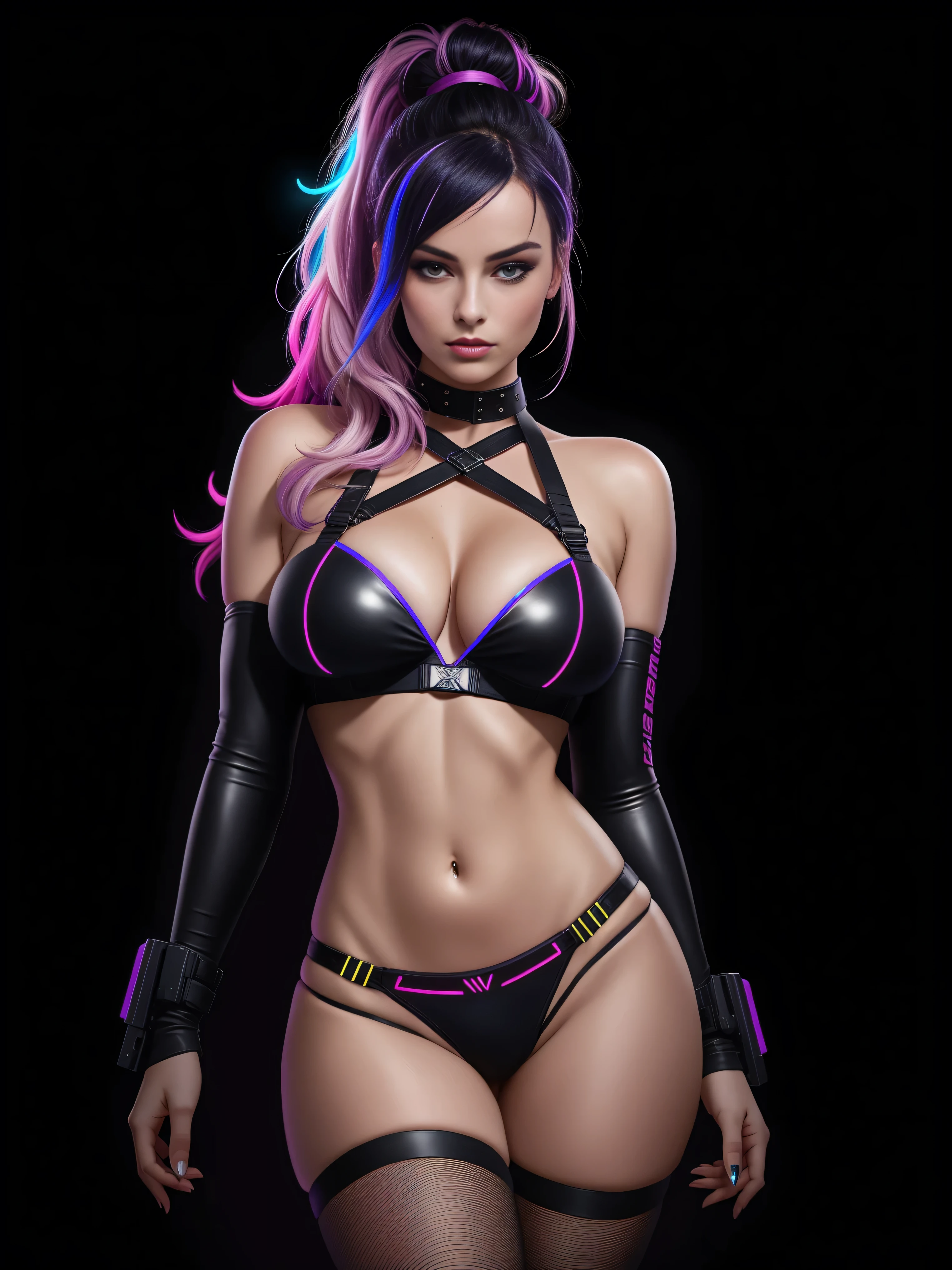 there is Margot Robbie, navy blue and bright purple neon streaked hair, hair in pony tail, 3 d neon art of a womans body, neon-noir background, cyberpunk femme fatale, seductive cyberpunk dark fantasy, cyberpunk strip clubs, cyberpunk 20 y. o model girl, oppai cyberpunk, banner, high definition cgsociety, cgsociety masterpiece, trending on cgstation, kda, random hair, looking at camera, gigantic breasts, cleavage, (high detailed skin:1.2), 8k uhd, dslr, super lighting, high quality, film grain, high res, highly detailed, hyper realistic, beautiful face, beautiful body, beautiful eyes nose lips, alluring expression, very bold, upper  visible, full body photo, standing legs apart, pale translucent glowing skin, most beautiful face, cute, (well defined pubic hair:1.2)), (dark plain black background:1.4))