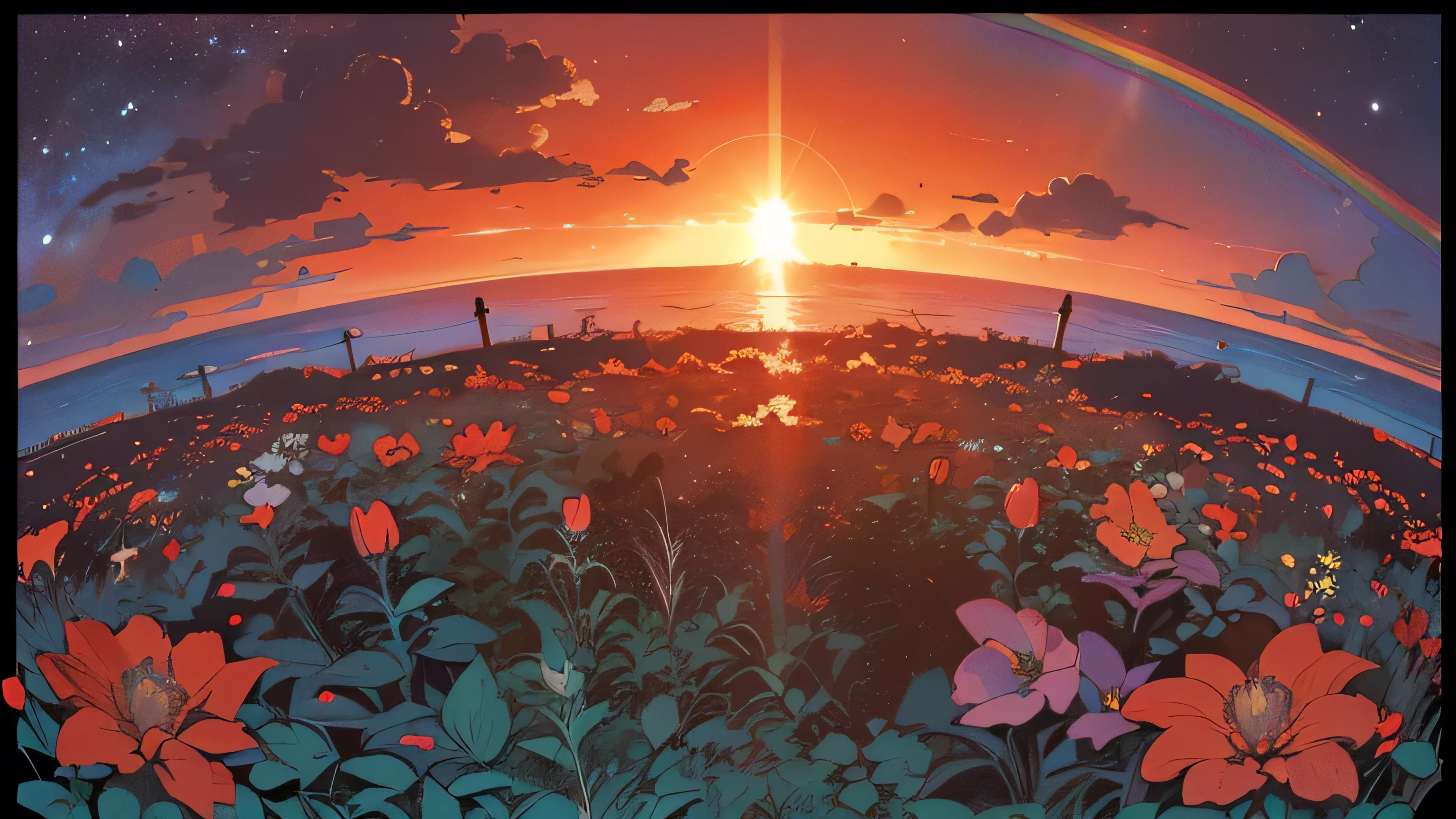 (((Fisheye))), very wide white background, extreme quality, masterpiece, 8k, depth of field, intricate details, (((unattended))), very large margins, lots of text, corporate logo, space, movie poster, (((Outer space))), ((flower garden with sea view)))), nostalgia, (((sunset))), panorama, long shot, backlight, (((dull color))), (((red color))),broken door, (((Night))), (((Various angles))), (((One Rainbow in the sky))),Detailed detail flowers