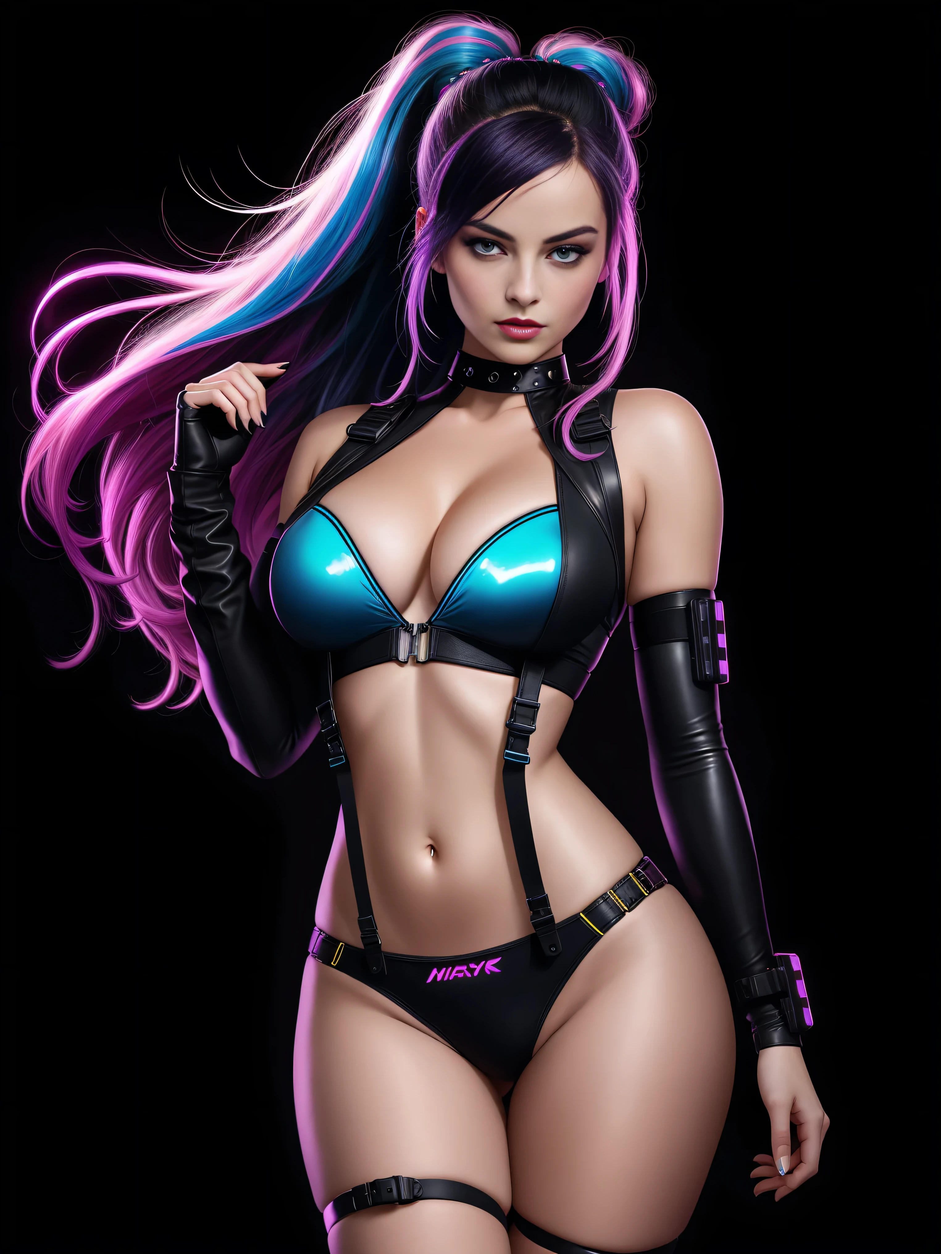 there is Margot Robbie, navy blue and bright purple neon streaked hair, hair in pony tail, 3 d neon art of a womans body, neon-noir background, cyberpunk femme fatale, seductive cyberpunk dark fantasy, cyberpunk strip clubs, cyberpunk 20 y. o model girl, oppai cyberpunk, banner, high definition cgsociety, cgsociety masterpiece, trending on cgstation, kda, random hair, looking at camera, gigantic breasts, cleavage, (high detailed skin:1.2), 8k uhd, dslr, super lighting, high quality, film grain, high res, highly detailed, hyper realistic, beautiful face, beautiful body, beautiful eyes nose lips, alluring expression, very bold, upper visible, full body photo, standing legs apart, pale translucent glowing skin, most beautiful face, cute, (well defined pubic hair:1.2)), (dark plain black background:1.4))