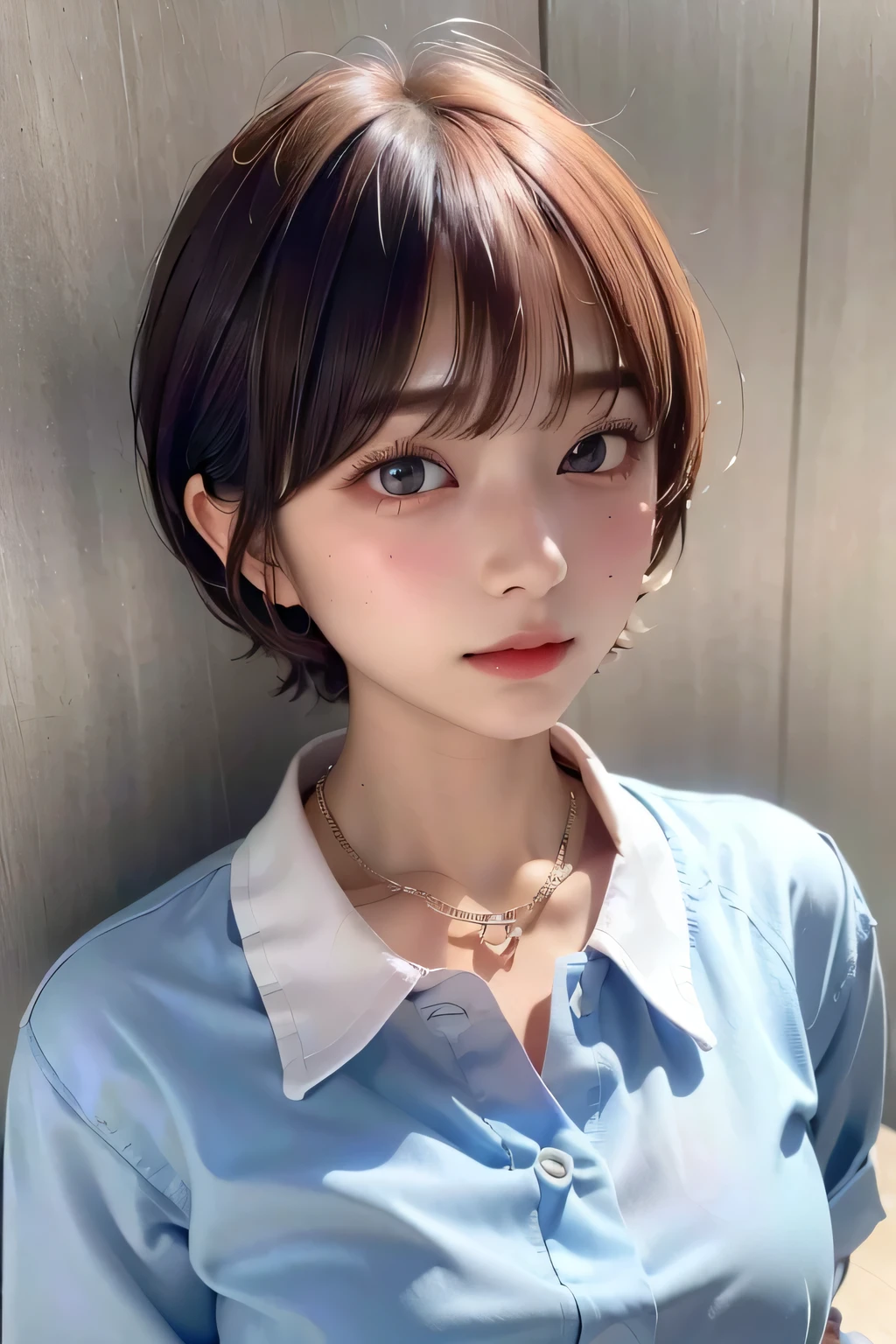 (highest quality:1.3)、(Masterpiece:1.4)、Raw photo、8K、((Best image quality))、 ((High resolution))、Beautiful face in every detail、Realistic human skin、Gentle expression、(Cute natural anime face)、(One Woman:1.3)、Realistic、Photorealistic、short hair、(Beautiful woman)、((Cool Japan girl))、(boyish:1.3)、mannish、((Beautiful woman))、(Beautiful Hair)、((Dark brown hair))、(Blushing:1.5)、(Fashion Model:1.3)、(Every woman admires her face:1.3)、((Her eyes are big))、20 year old beauty、(Small face)、Small Head、((Her neck is long))、(High school girls)、uniform、(Japanese high school uniform)、(High school girlsのuniform)、((White button-up shirt))、(A shirt with a wide open chest)、Collared shirt、(necklace)、(The aspirations of young people)、((The center of attention in school))、everyone will love her、(You can almost see your cleavage)、sexual excitement、(Thick chain collar)、(Changing clothes)