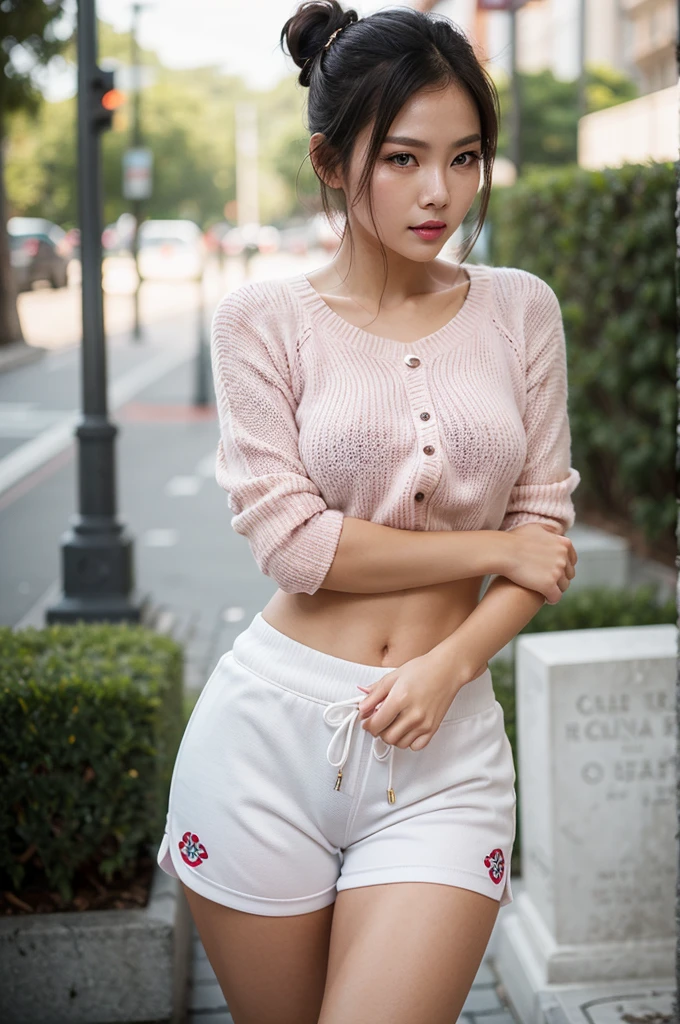 1woman, woman, asian woman, woman, hot woman, asian/Philippines model, beautiful, model, sport shorts, girly shorts, running shorts, casual woman shorts, sweater, cute female sweater, sweater, great figure, perfect proportions, black hair, long black hair, long beautiful hair, bunn in hair, hairbun, hairbun for woman, messy hair bun, messy hair bun, white eyes, perfect beautiful white eyes, detailed white eyes, majestic woman great figure, asian/Philippines, asian woman, light pink lipstick, perfect face, cemeterial face, great body, beautiful body perfect face with white eyes black hair light pink lipstick asian/Philippines,casual clothes, sport shorts, girly shorts, running shorts, casual woman shorts, sweater, cute female sweater, sweater, asian woman, (Thick body, great figure) BREAK highly realistic, perfect image, realistic image, photorealistic, real image, real photo 8k image, high-resolution. [perfect hands, perfect legs, perfect proportions, perfect face, woman] asian woman, beautiful asian woman (white eyes, beautiful white eyes, detailed white eyes) *black hair* *white eyes* *messy hairbun* *sportshorts for woman* *oversized sweater*
