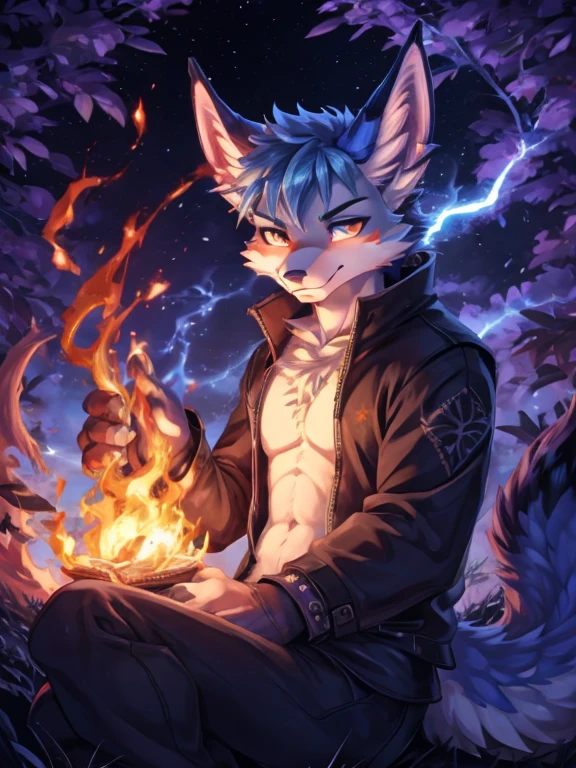 Azuna boy in hell, fire bending, kitsune ears, jardin zen, lanzando rayo azul, thunder,