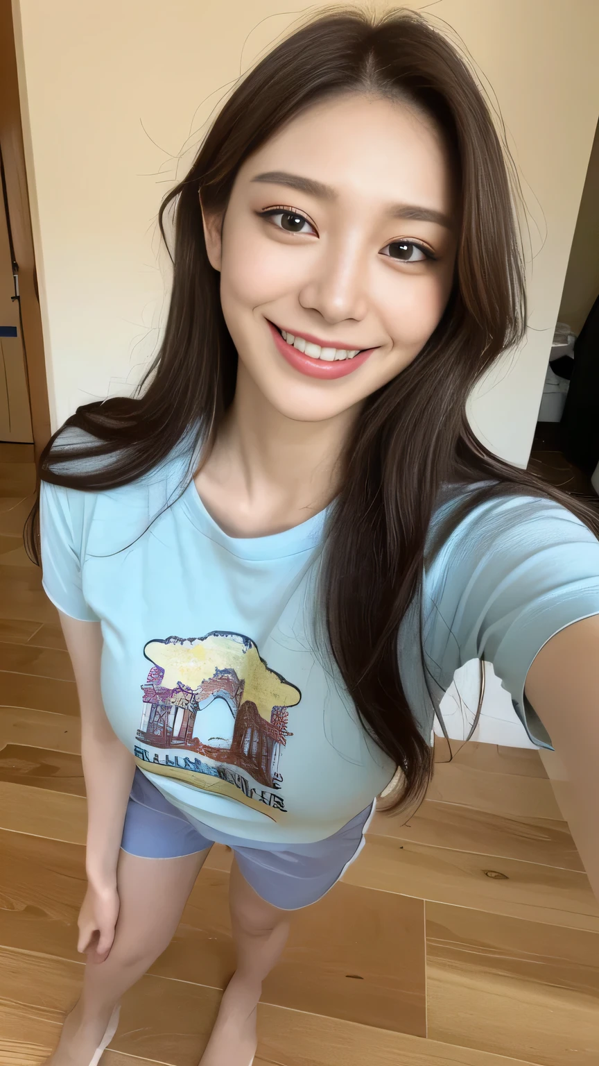 seed:2020674263.((Full body angle:1.1)).((highest quality, 8K, masterpiece:1.3)), ((from below:1.1)).concentrated:1.2, Perfect body beauty:1.4, Hips:1.2, ((Delicate Hair)), (Colorful T-shirts、Shorts、pajamas :1.1) , ((highest quality、8K、masterpiece:1.3))、1 Girl、A sloppy smile、Esbian all over、Slim face、Big Boobs、Beautiful woman、(Dark Brown Hair)、Long Hair、1.1、Flickering Valley、Detailed eyes、double eyelid、Blurred Background、超Slim face、Smile、Looking down、living、