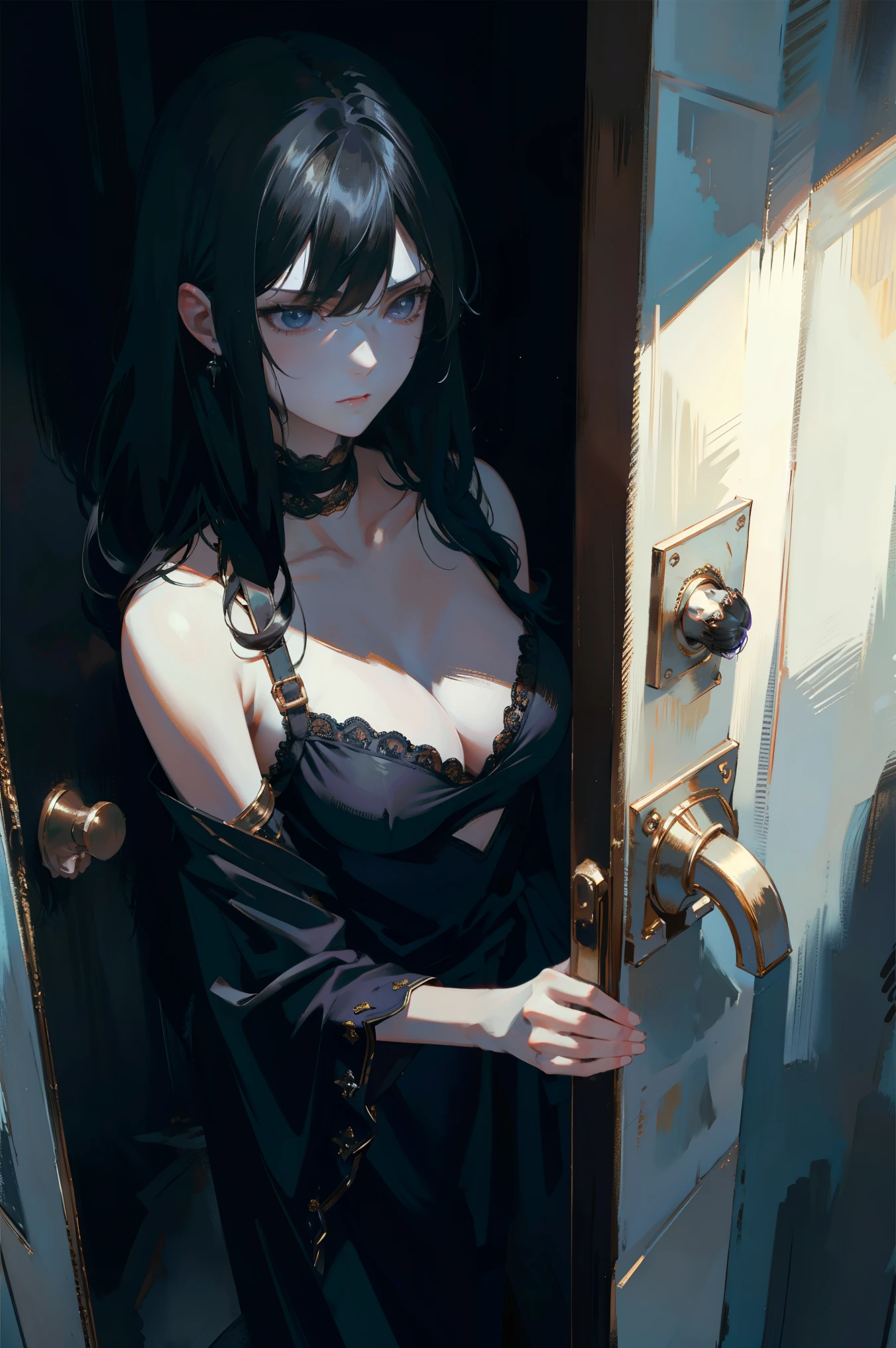 ((best quality)), ((masterpiece)), (detailed), Perfect face，A black-haired female killer with bruises all over her body，Observe the situation inside the room from outside the door