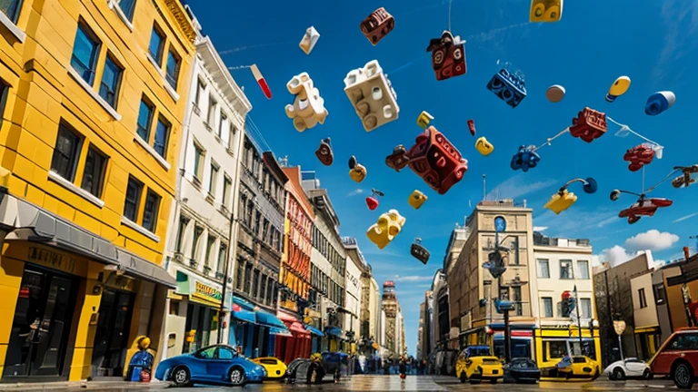 colorful legos falling from the sky