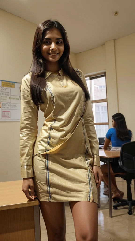 Hd quality, masterpiece, Indian girl, 21 years old, face facing camera, wearing indian kurtha dress, sexy slim body, standing in class room, smiling face, upper body camera
