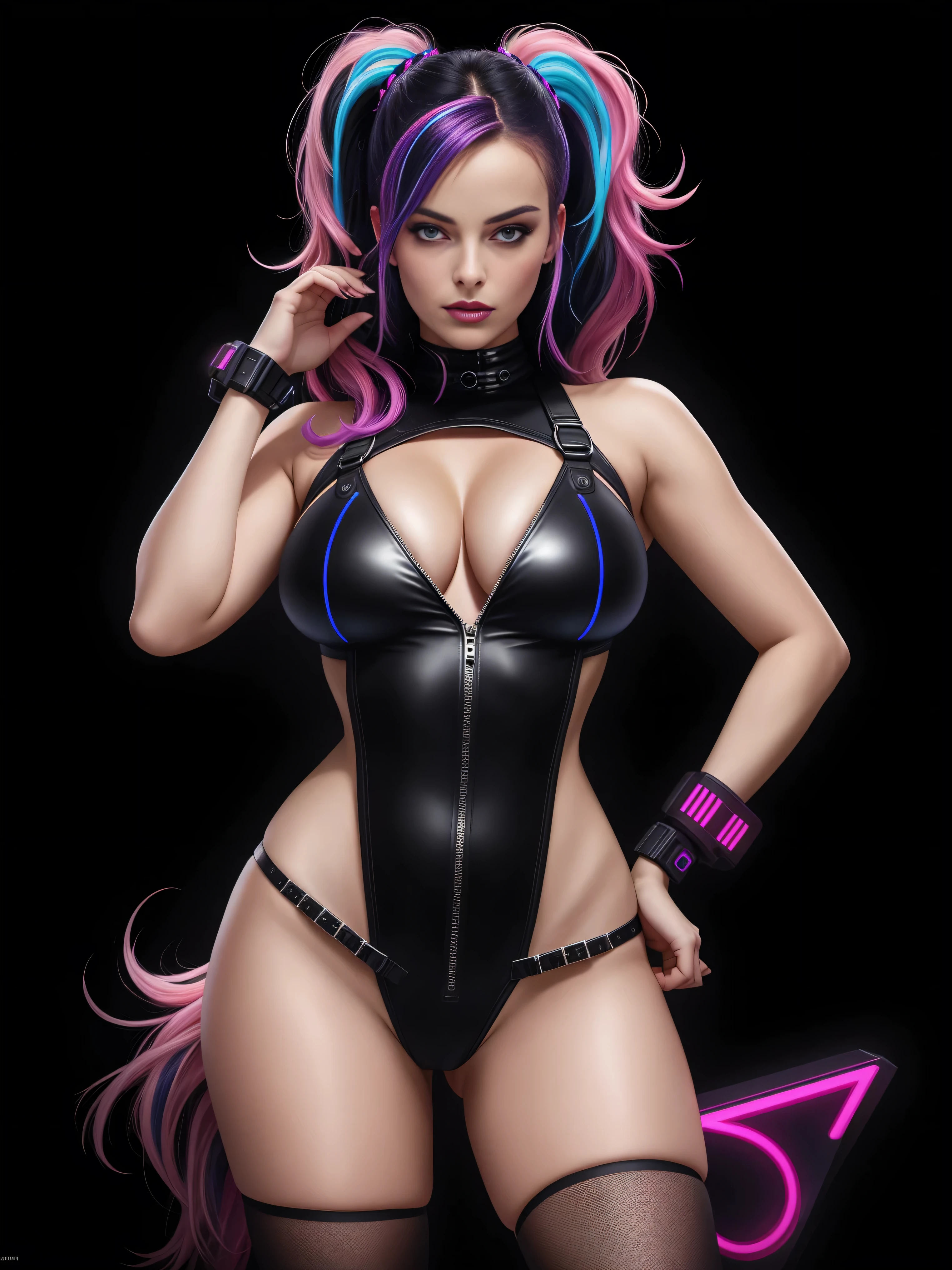 there is Margot Robbie, navy blue and bright purple neon streaked hair, hair in pony tail, 3 d neon art of a womans body, neon-noir background, cyberpunk femme fatale, seductive cyberpunk dark fantasy, cyberpunk strip clubs, cyberpunk 20 y. o model girl, oppai cyberpunk, banner, high definition cgsociety, cgsociety masterpiece, trending on cgstation, kda, random hair, looking at camera, gigantic breasts, cleavage, (high detailed skin:1.2), 8k uhd, dslr, super lighting, high quality, film grain, high res, highly detailed, hyper realistic, beautiful face, beautiful body, beautiful eyes nose lips, alluring expression, very bold, upper visible, full body photo, standing legs apart, pale translucent glowing skin, most beautiful face, cute, (well defined pubic hair:1.2)), (dark plain black background:1.4))