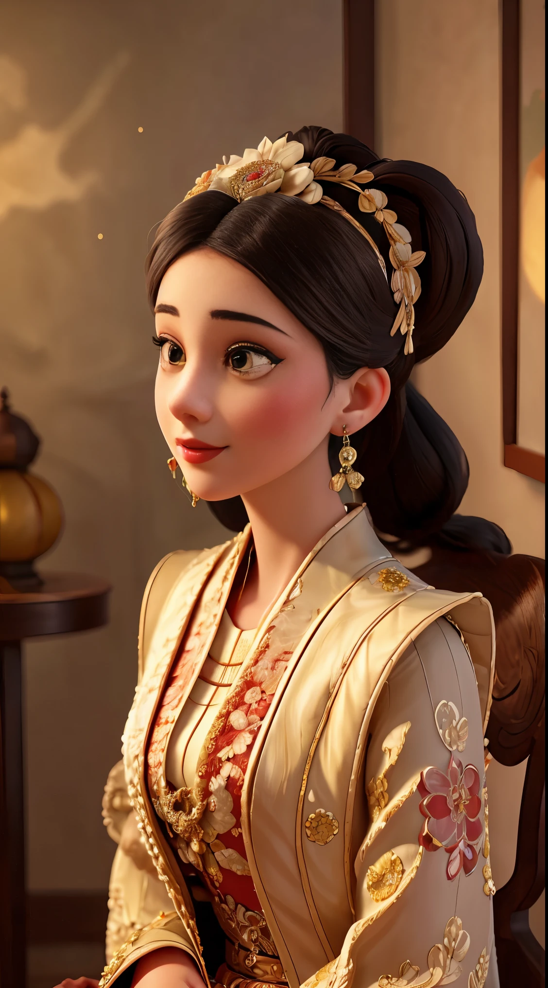 An ancient woman by the window, fixing her hair, mirror, makeup, yellow flowers, classical, aesthetic, exquisite details, high-resolution painting, portraits, realistic, studio lighting, vivid colors, sharp focus, ultra-detailed, detailed eyes, detailed lips, beautiful face features, gentle expression, antique ambiance, traditional setting, vintage, elegant, floral decorations, soft lighting, intricate patterns.