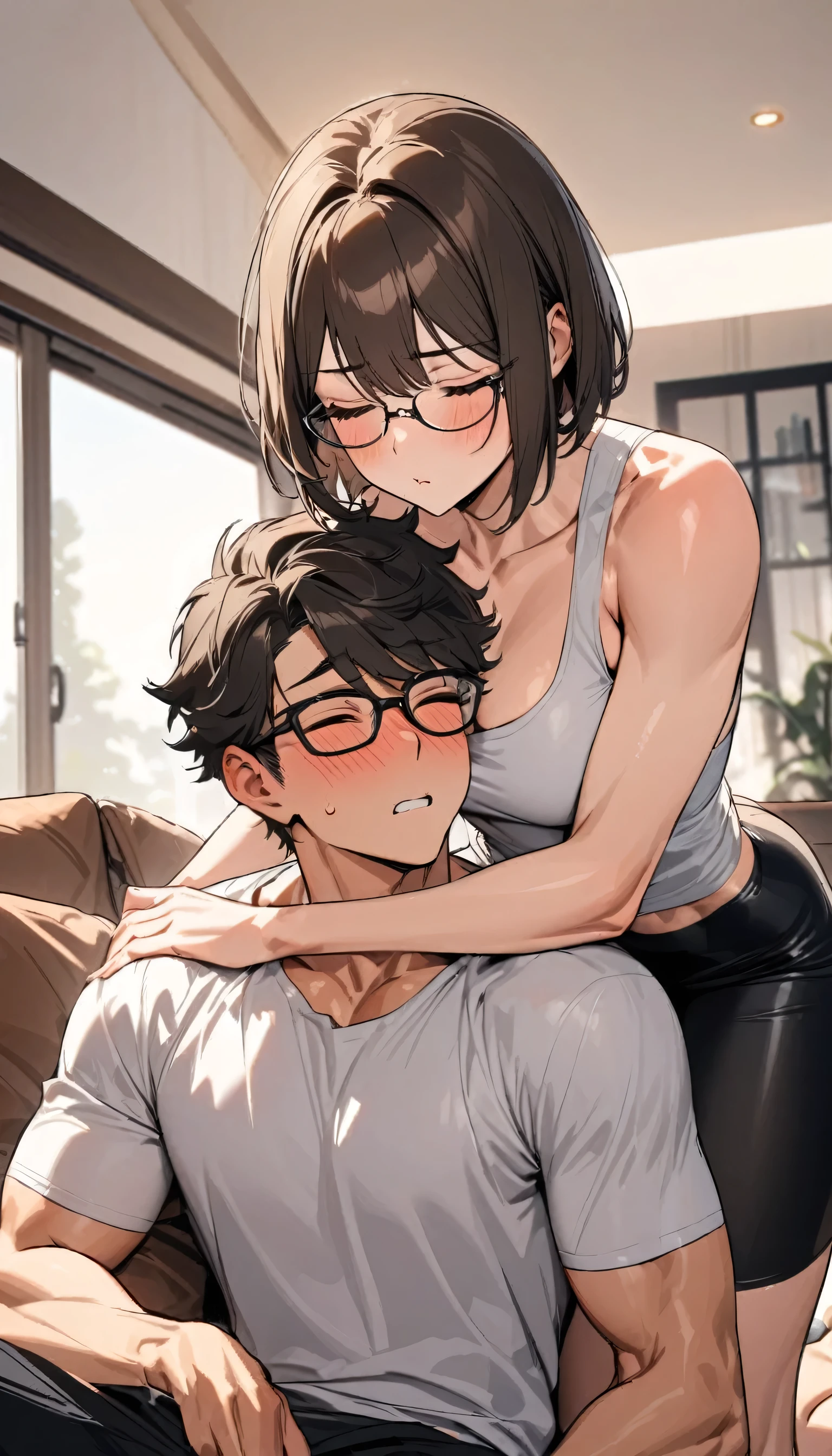 (couple kissing style), (very short hair black hair nice guy, closed eyes, glasses, Athlete body, tall, blushing) and (bob brown hair short hair cute woman, closed eyes, glasses), (She is kissing to his), in the living room, BREAK, (perfect anatomy, masterpiece, best quality, 16k, beautiful detailed grow, daydreaming expression).