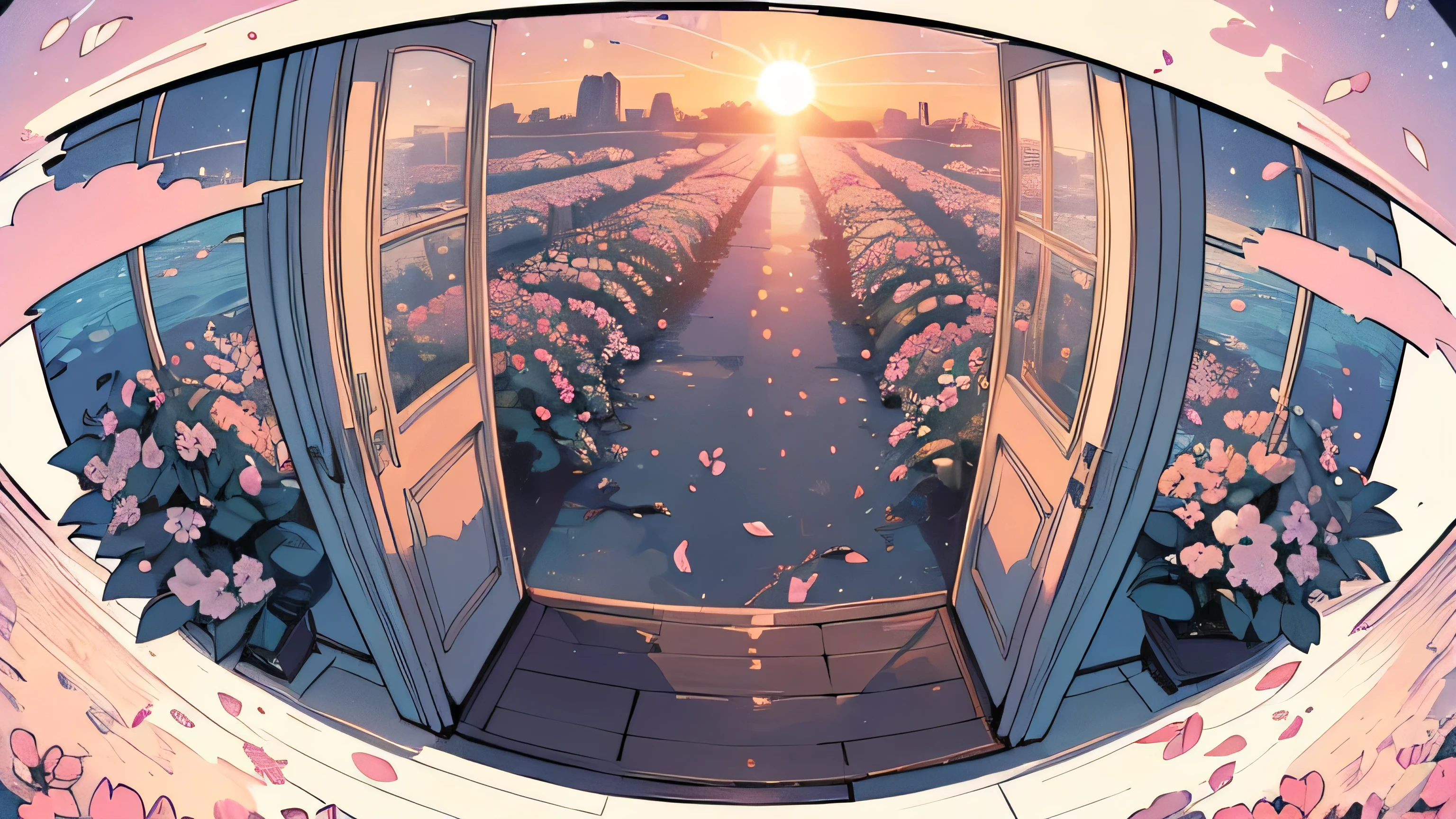 (((Fisheye))), very wide white background, extreme quality, masterpiece, 8k, depth of field, intricate details, (((unattended))), very large margins, lots of text, corporate logo, space, movie poster, (((Outer space))), ((flower garden with sea view)))), nostalgia, (((sunset))), panorama, long shot, backlight, (((Petals fluttering in the air))), (((white color))),broken door, (((Night))), (((Various angles))),Detailed detail flowers