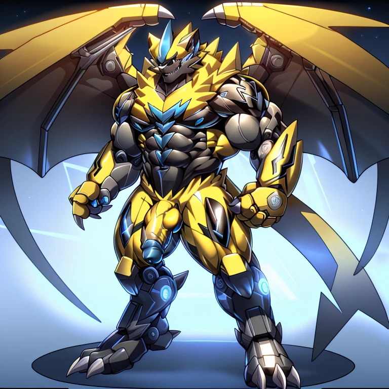 (ZERAORA, 8K), (Zeraora's giant robot, Powered exoskeleton with the same design as Zeraora), (Masterpiece, highres) (Detailed head, Detailed Body, Detailed abs, full body) (gigantic muscles, Gigachad Muscular, big muscle, pecs, triceps, traps, unusually developed muscular body, body full of huge muscles. showing off muscles, pectorales enormes, Exaggeratedly huge muscles.) (nj5furry, The claws are sharp, Sharp teeth, sharp claws), (long legs), (Spread wings, It has wings, have big wings, golden wings), ) (Hyper Muscles, gigantic muscles, furry),
(It has wings, whole body shines like metal, Wearing cyberpunk mecha, emphasizes the muscles, suit fully made of metal, intricate armor, Robotic suit, suit fully made of metal, cyborg), (black color hyper penis, hyper black penis),