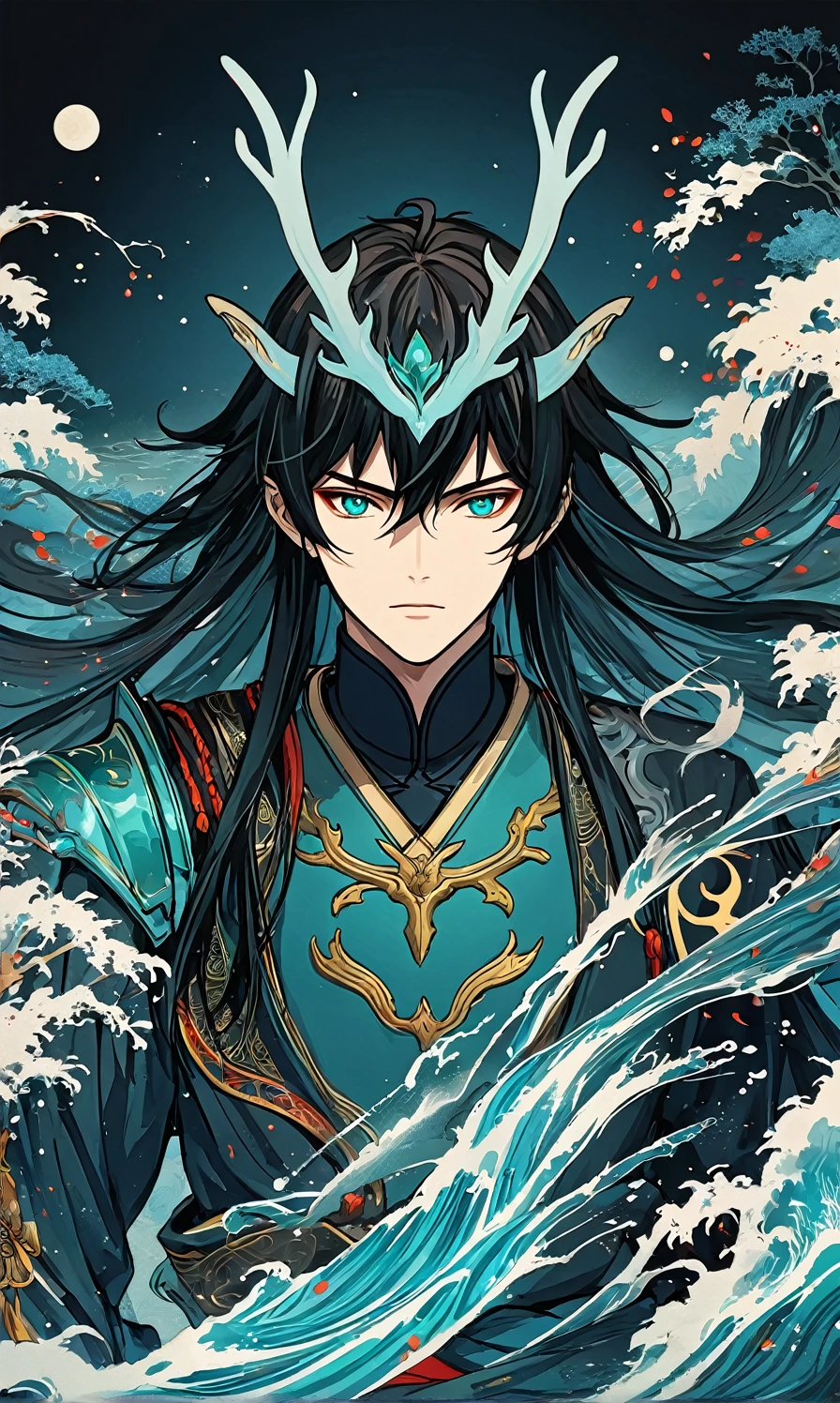 (DAN HENG IMBIBITOR LUNAE), 1man, (detailed eyes and detailed face), masterpiece, best quality, detailed, high resolution illustration), robotic armor, long dark vibrant hair, 3/4 body, cool, water element, Chinese drawing, vibrant color, HDR, shadow, Japan ink drawing, simple no background