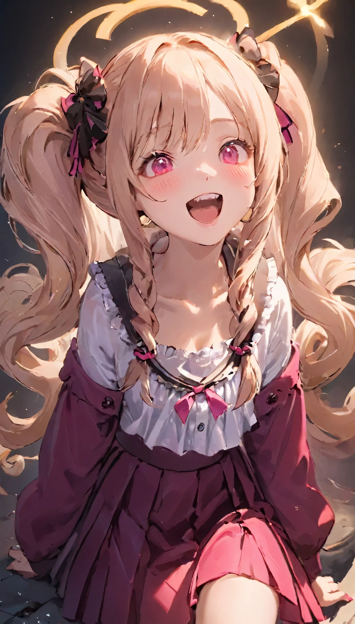 woman\((Blood:1.2),12 years old,White skin,(Wicked Smile:1.3),Open your mouth,Sharp teeth,(Long Tongue:0.8),hair\(pink,Twin tails,detailed,Shiny\),hairclip\(and white\),shirt\(Open shoulders,Long sleeve\),skirt\(black,short\),Tea belt,Corner of the eye\(pink\),(Narrow eyes\(gray\):0.8),very cute pose,chest\), break ,background\(Simple,cute,Fancy,dark,pink heart marks\), break ,quality\(8k,wallpaper of extremely detailed CG unit, masterpiece,High resolution,top-quality,top-quality real texture skin,Surreal,Increase the resolution,RAW Photos,最高quality,highly detailed,wallpaper,Cinema Lighting,Ray-tracing,Golden Ratio\),(Dynamic Angle),(Face close-up:1.8),[Browsing Caution:2.0],Looking down at the viewer