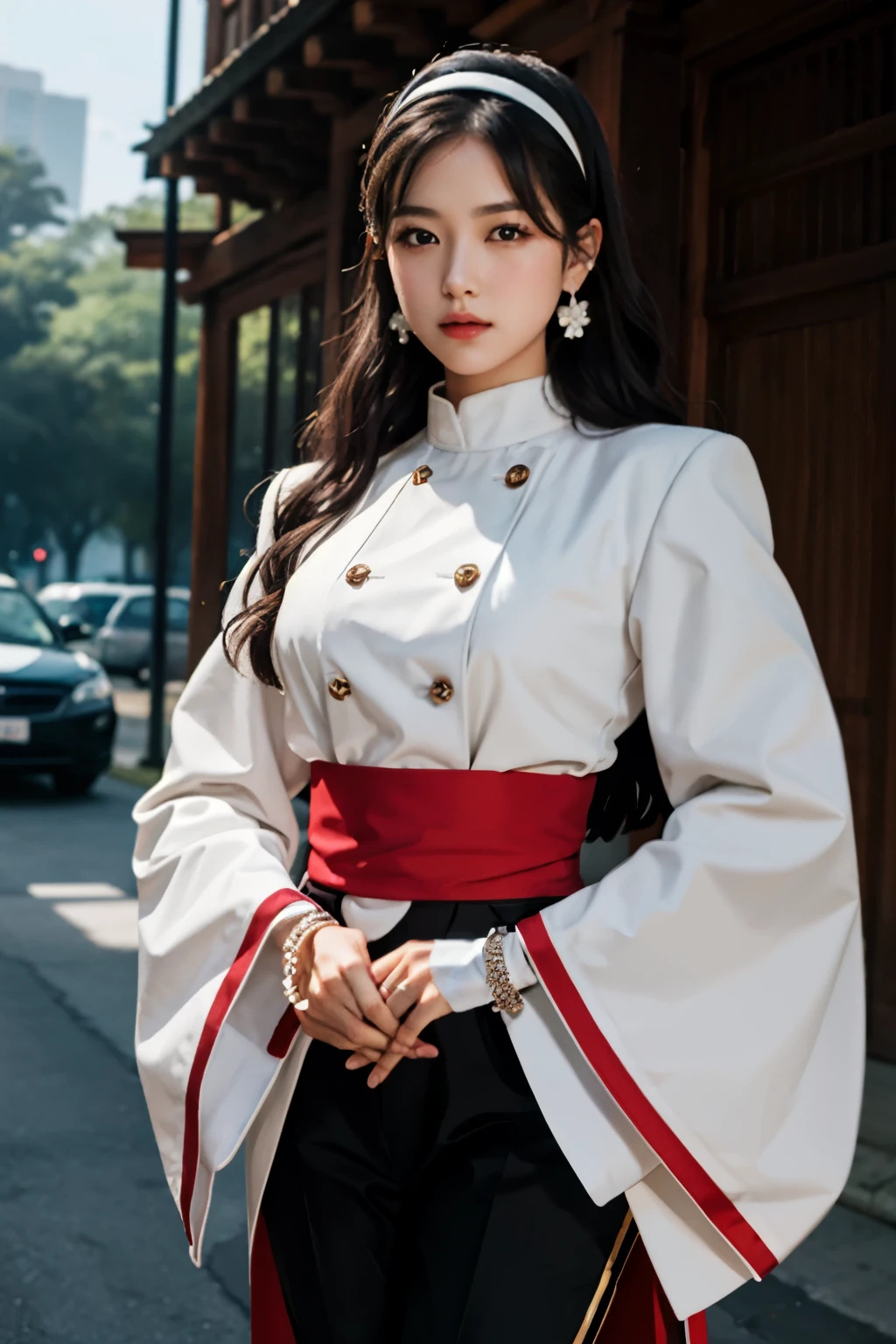 best quality,masterpiece,highres,original,extremely detailed wallpaper,perfect lighting,extremely detailed CG,perfect_photography.txt,
chizurums,hairband,jewelry,earrings,wide sleeves,long sleeves,buttons,high heels,sash,bracelet,black pants,