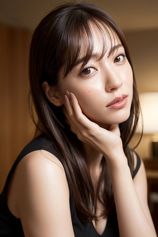 dressed, (photo realistic:1.4), (hyper realistic:1.4), (realistic:1.3),
(smoother lighting:1.05), (increase cinematic lighting quality:0.9), 32K,
1girl,20yo girl, realistic lighting, backlighting, light on face, ray trace, (brightening light:1.2), (Increase quality:1.4),
(best quality real texture skin), finely detailed eyes, finely detailed face,
(tired and sleepy and satisfied:0.0), face closeup, t-shirts,
(Increase body line mood:1.1), shiny skin