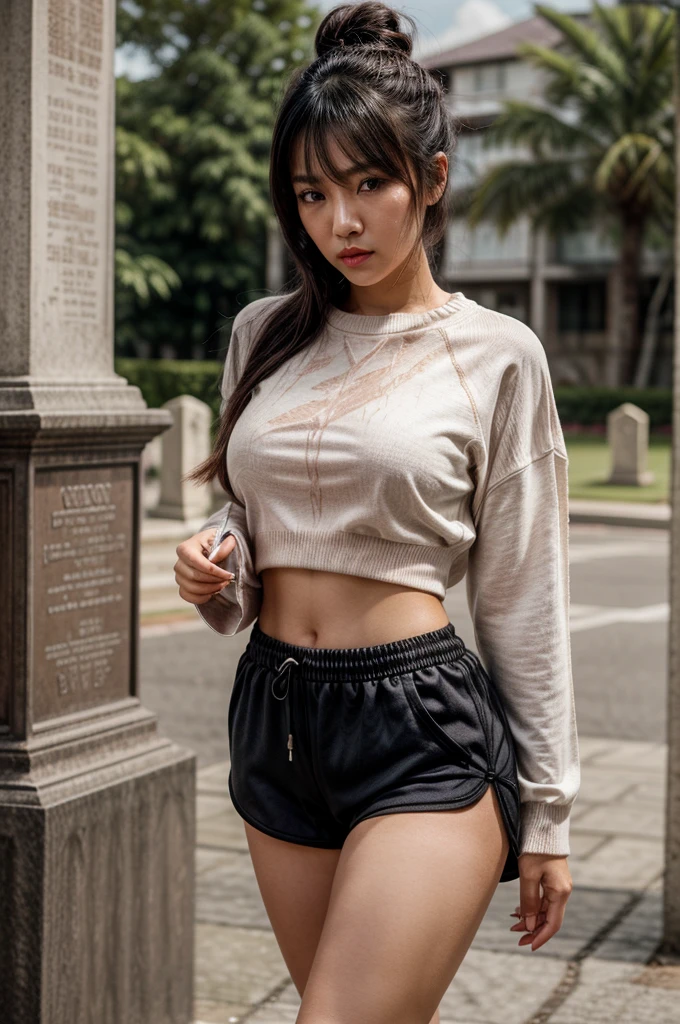 1woman, woman, asian woman, woman, hot woman, asian/Philippines model, beautiful, model, sport shorts, girly shorts, running shorts, casual woman shorts, sweater, cute female sweater, sweater, great figure, perfect proportions, black hair, long black hair, long beautiful hair, bunn in hair, hairbun, hairbun for woman, messy hair bun, messy hair bun, white eyes, perfect beautiful white eyes, detailed white eyes, majestic woman great figure, asian/Philippines, asian woman, light pink lipstick, perfect face, cemeterial face, great body, beautiful body perfect face with white eyes black hair light pink lipstick asian/Philippines,casual clothes, sport shorts, girly shorts, running shorts, casual woman shorts, sweater, cute female sweater, sweater, asian woman, (Thick body, great figure) BREAK highly realistic, perfect image, realistic image, photorealistic, real image, real photo 8k image, high-resolution. [perfect hands, perfect legs, perfect proportions, perfect face, woman] asian woman, beautiful asian woman (white eyes, beautiful white eyes, detailed white eyes) *black hair* *white eyes* *messy hairbun* *sportshorts for woman* *oversized sweater*
