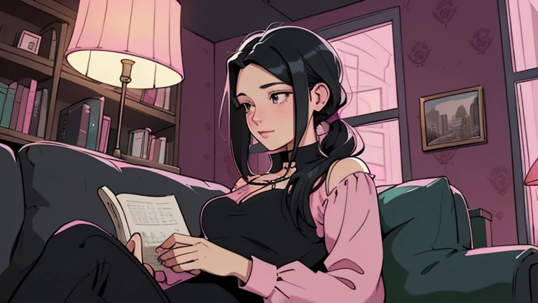 Beautiful woman in her 30s with black hair tied is sitting on the sofa. Looking down, LOFI girl, alone in the room, blouse, cozy wallpaper, big cushion, bookshelf, relaxing mood, night core, cozy, wide glass window with skyscrapers, outside view at night, only five fingers, pink wall, listening to music with headphones