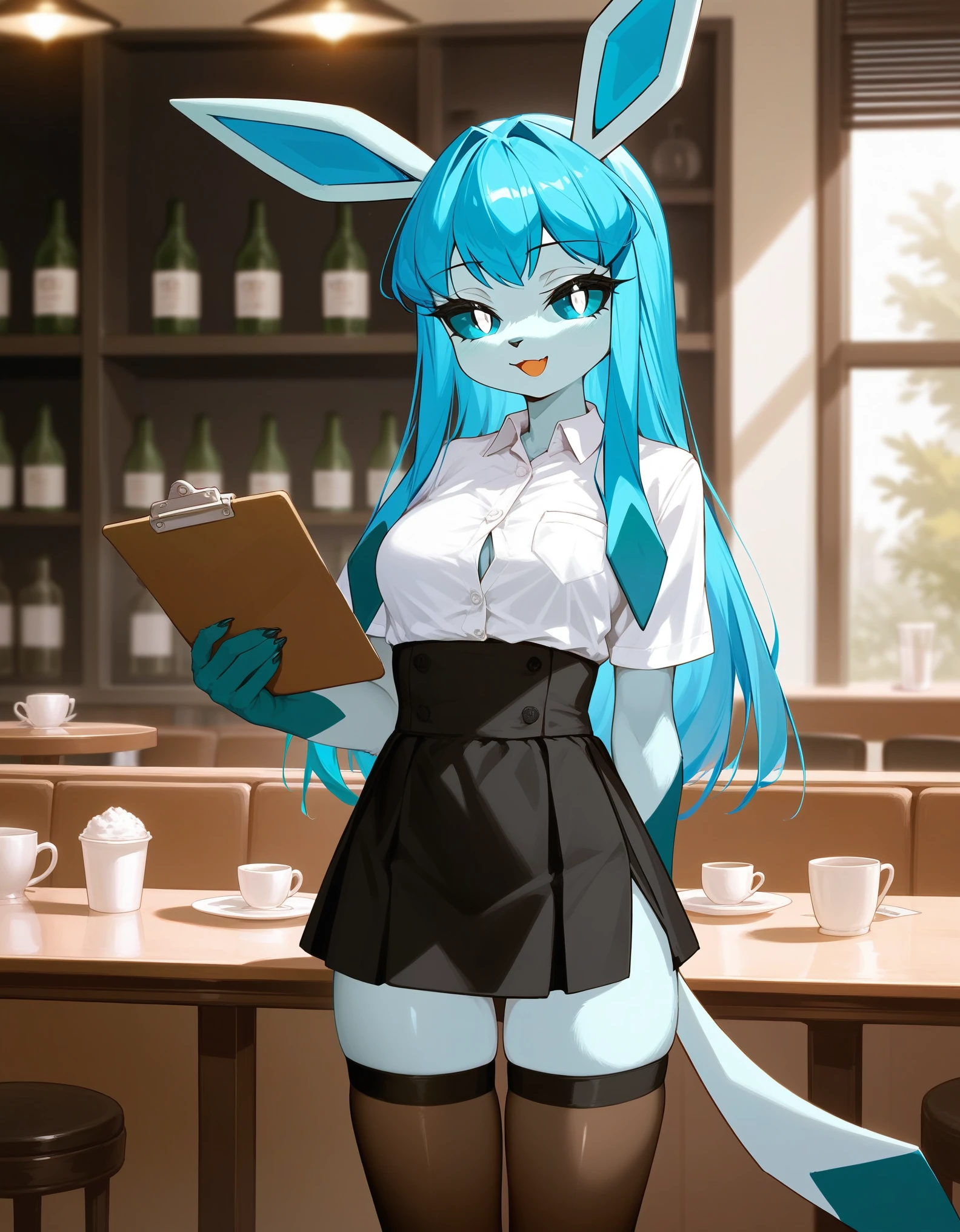 Solo, score_9,score_8_up,score_7_up, source_furry, an Anthro furry Glaceon female, blue sclera, white eyes, wearing white button up shirt, black skirt, thigh high socks, in a cafe, simplified background, looking bored, holding a single clipboard with both hands, standing, looking at viewer, open mouth smile, 