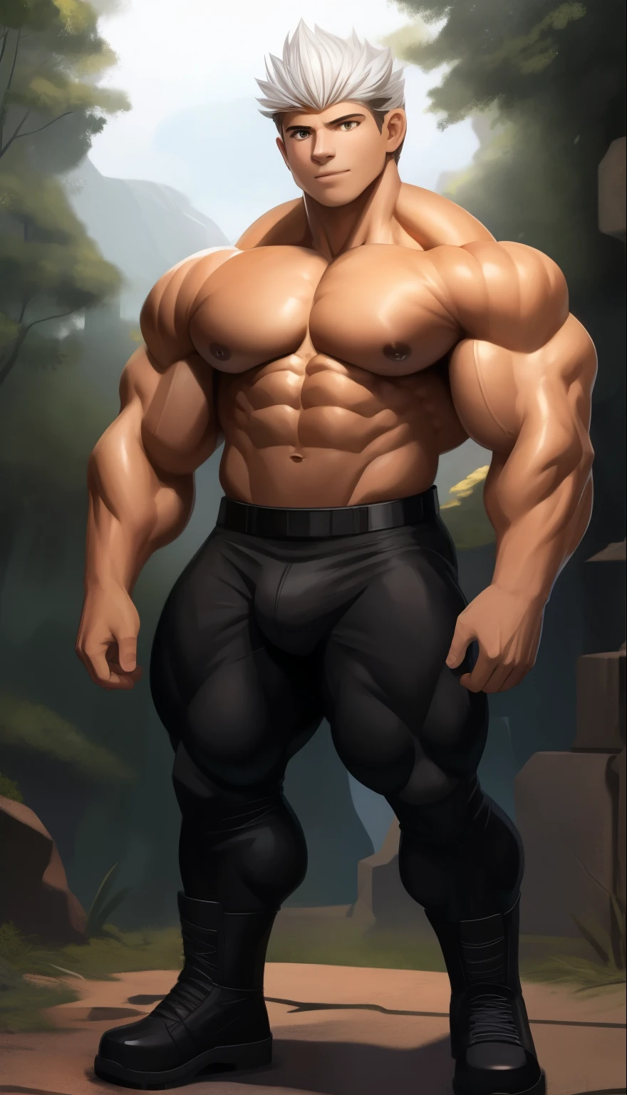 A ( face) 15 year old teen (15 yearsttractive boy, standing, full body. Mexican ethnicity. tanned skin, silver white hair, short hair bangs that fall on both sides of his youthful face. carefree expression, young man, alone, marked muscles, beautiful musculature, aesthetic stretch marks, inspiring physique, slender muscles, square pecs, beautiful V-cone, excellent abs and torso, chiseled abs, pectorals chiseled, perfect massive muscles, inflated muscles, voluminous pectorals, massive muscular body, a huge gigantic chest with a narrow waist, huge shoulders, ridiculously well-shaped large pecs, eight chiseled abs, (very toned and huge) with his military haircut and voluminous neck, narrow waist, golden eyes, young face, beautiful, young. Teen muscular young builder with extraordinary and firm back, chiseled muscles, rhomboid muscles, latissimus dorsi. Gigachad. he wears a Use Vegeta's training suit. A tight one-piece suit from the neck to the ankles, black in color, the suit has no sleeves, it does not use a belt. The black shirt and pants are a single piece of clothing, the shirt has a U neck, has no sleeves and highlights his prominent abdominals and pectorals. He doesn't wear a belt. His muscles stand out. He wears white gloves on his hands, and white boots. Ruins of a Jedi temple with forest background. standing, full body. (((Back))) huge firm muscular thighs, round buttocks and round butt with back, huge ass ((firm buttocks)) with big booty. (((black clothes)))