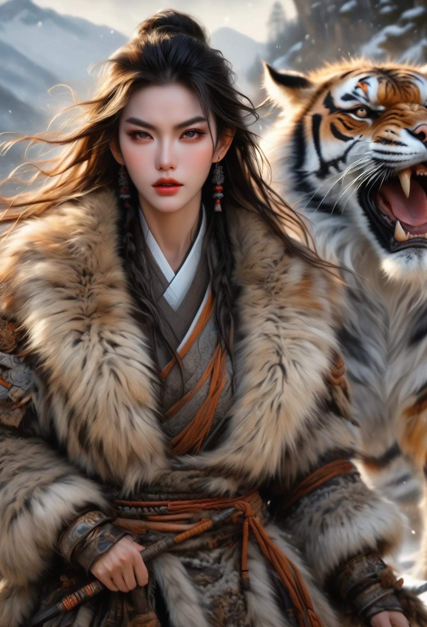 (best quality,4k,8K,High resolution,masterpiece:1.2),Extremely detailed,(Practical,photoPractical,photo-Practical:1.37),Thick fur winter coat,Creative fusion of traditional Chinese design patterns and contemporary elements, Messy hair, Intense expression, Energetic, Sharp eyes, 1 Samurai, Handsome face, Tiger beast, Epic Fantasy Character Art, wearing intricate fur armor, Luis Royo (Luis Royo) style, Northern female warrior holding a spear, HDR, Ultra HD, Studio Lighting, Super Fine, Clear focus, Physically Based Rendering, Extremely detailed的描述, professional, Bright colors, Bokeh, portrait, landscape