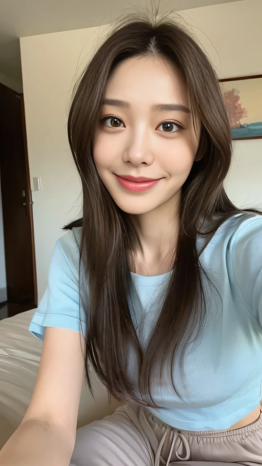 seed:2020674263.((Full body angle:1.1)).((highest quality, 8K, masterpiece:1.3)), ((from below:1.1)).concentrated:1.2, Perfect body beauty:1.4, Hips:1.2, ((Delicate Hair)), (Colorful T-shirts、Shorts、pajamas :1.1) , ((highest quality、8K、masterpiece:1.3))、1 Girl、A sloppy smile、Esbian all over、Slim face、Big Boobs、Beautiful woman、(Dark Brown Hair)、Long Hair、1.1、Flickering Valley、Detailed eyes、double eyelid、Blurred Background、超Slim face、Smile、Looking down、living、