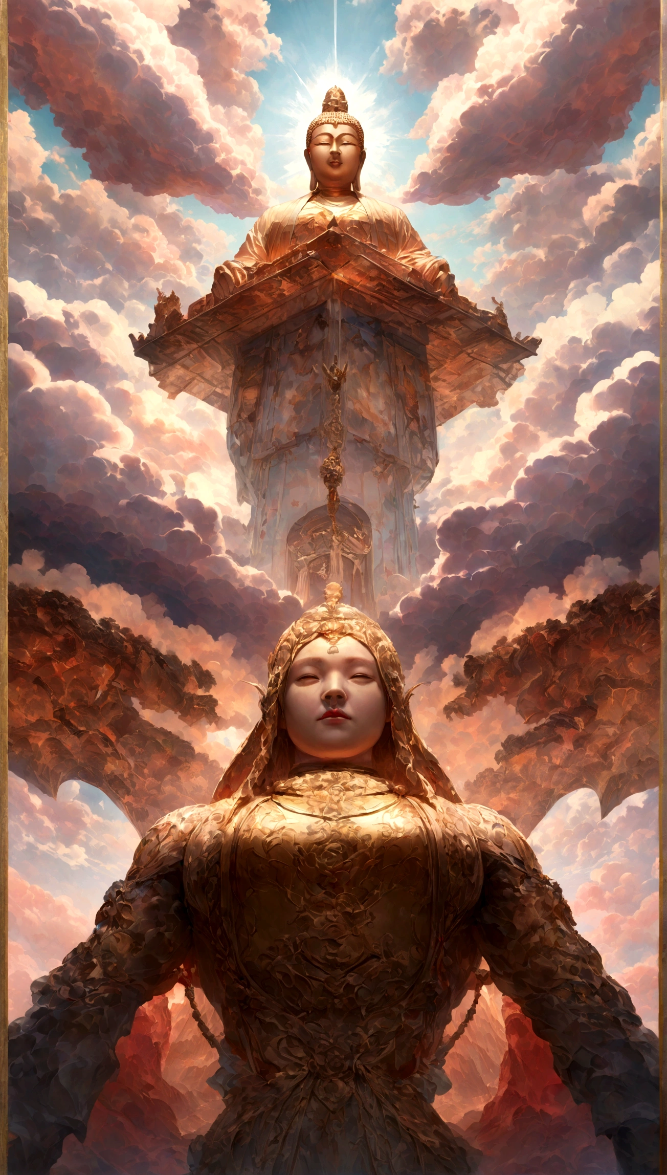 ((masterpiece))，(最high quality))，Chinese style，In the sky, The clouds form a giant transparent and shining white jade Maitreya Buddha statue，Thick Clouds，The sun shines，Pilgrims&#39; Path，Surreal，Ultra-photorealism，pink，8k，High resolution，high quality，Masterpieces，Ultra-fine，（（（OC Renderer）））,photo portrait(((Symmetric)))