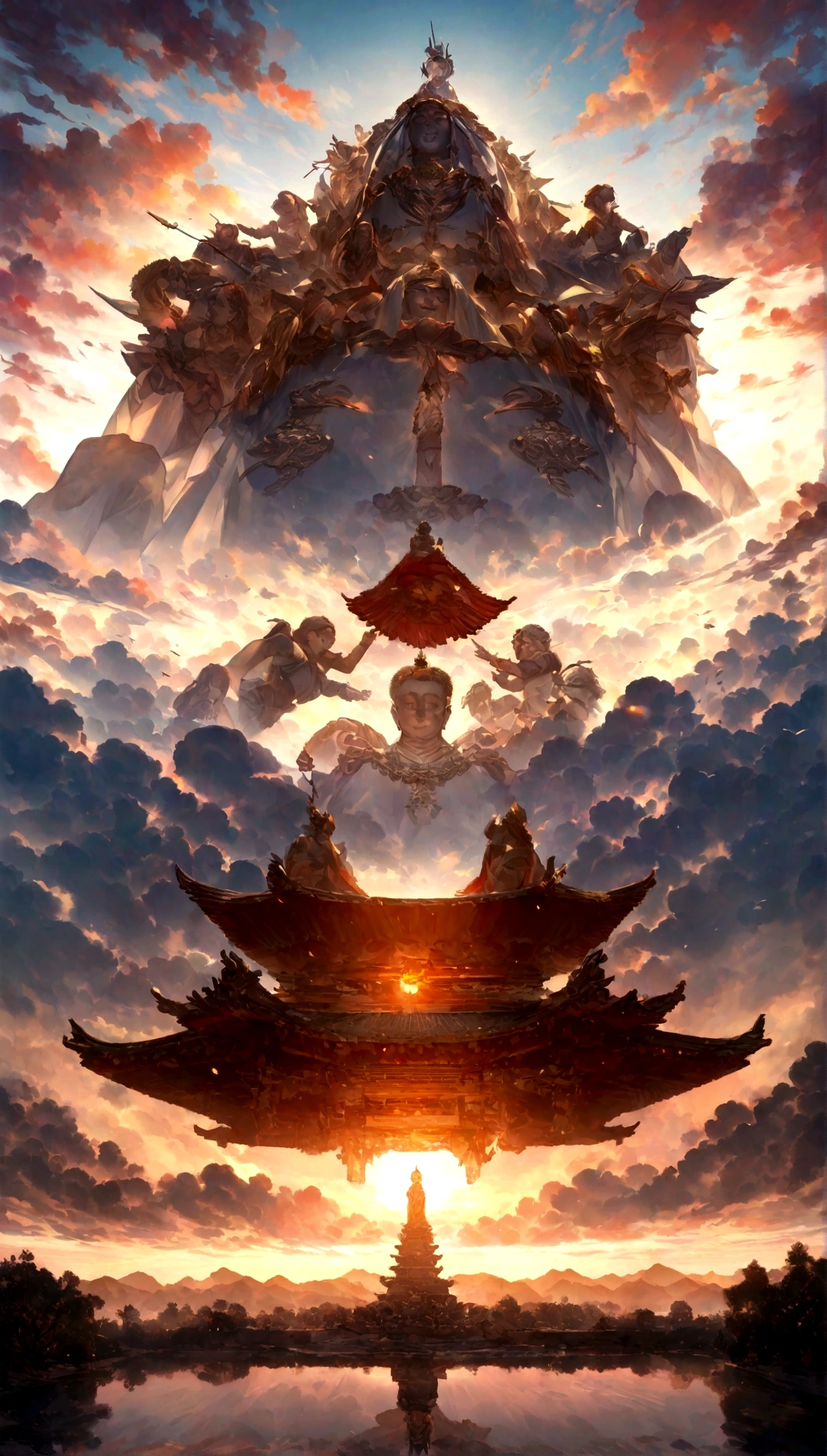 ((masterpiece)),(最high quality)),Chinese style,In the sky, The clouds form a giant transparent and shining white jade Maitreya Buddha statue,Thick Clouds,The sun shines,Pilgrims' Path,Surreal,Ultra-photorealism,pink,8k,High resolution,high quality,Masterpieces,Ultra-fine,(((OC Renderer))),photo portrait(((Symmetric)))