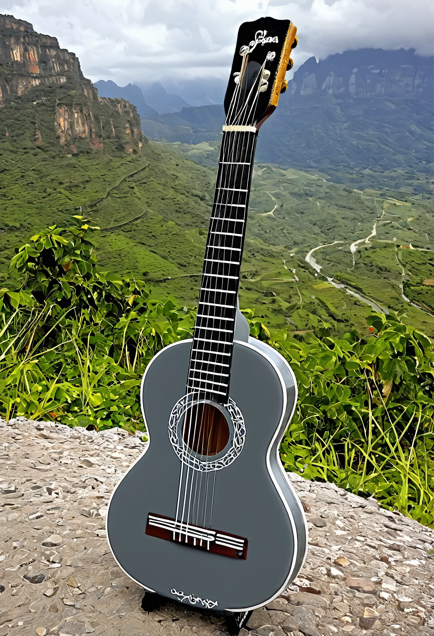 Utilizar los instrumentos de guitarra, charango, quena and zampoña, para formar la palabra WAYRA GRIS, con fondo de vientos grices, aires grices, con un paisaje gris