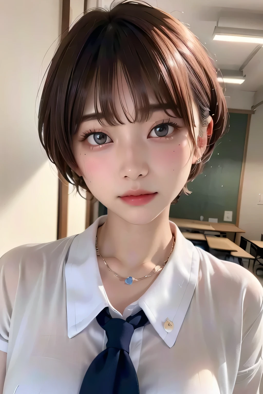 (highest quality:1.3)、(Masterpiece:1.4)、Raw photo、8K、((Best image quality))、 ((High resolution))、Beautiful face in every detail、Realistic human skin、Gentle expression、(Cute natural anime face)、(One Woman:1.3)、Realistic、Photorealistic、short hair、(Beautiful woman)、((Cool Japan girl))、(boyish:1.3)、mannish、((Beautiful woman))、(Beautiful Hair)、((Dark brown hair))、(Blushing:1.5)、(Fashion Model:1.3)、(Every woman admires her face:1.3)、((Her eyes are big))、20 year old beauty、(Small face)、Small Head、((Her neck is long))、(High school girls)、uniform、(Japanese high school uniform)、(High school girlsのuniform)、((White button-up shirt))、(A shirt with a wide open chest)、Collared shirt、(necklace)、(The aspirations of young people)、((The center of attention in school))、everyone will love her、(You can almost see your cleavage)、sexual excitement、(Thick chain collar)、(Changing clothes)