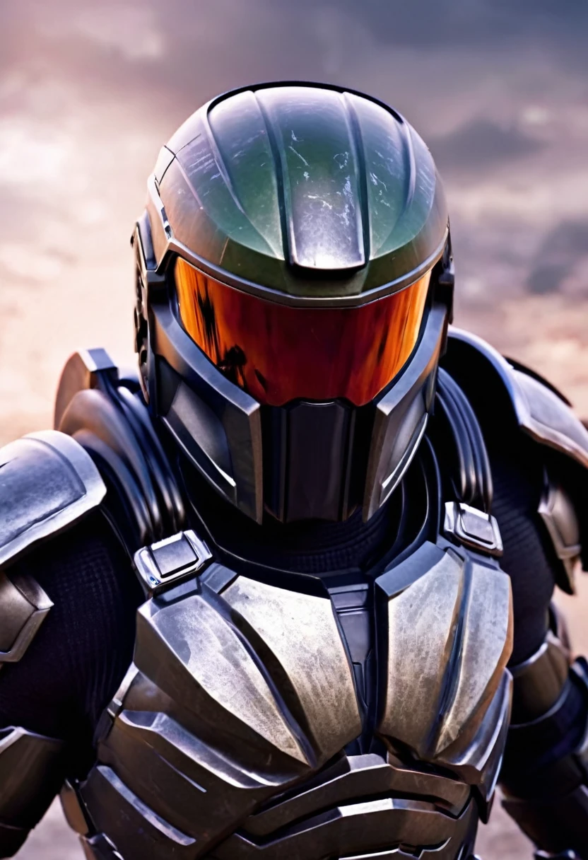one eyed futuristic super villain game character, battle ground, heavy weapons, fantasy spartan helmet model, 8k UHD, epis realism, ultra detailed