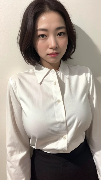 highest quality,masterpiece,Ultra-high resolution,(Realistic:1.4),Beautiful lighting, (Highly detailed CG Unity 8k wallpaper), Beautiful face in every detail,Detailed clothing, 50mm portrait photography, No background、One Girl,Big black eyes, cute, young, stop temporarily, Facial Lighting, Physically Based Rendering,Written boundary depth , Black Hair, short hair, ((Take from above)), Japanese women、20-year-old、White blouse、(Big Breasts)、Young and beautiful woman taking a selfie, Taken with iPhone camera、In front of a white wall、Wearing only white panties