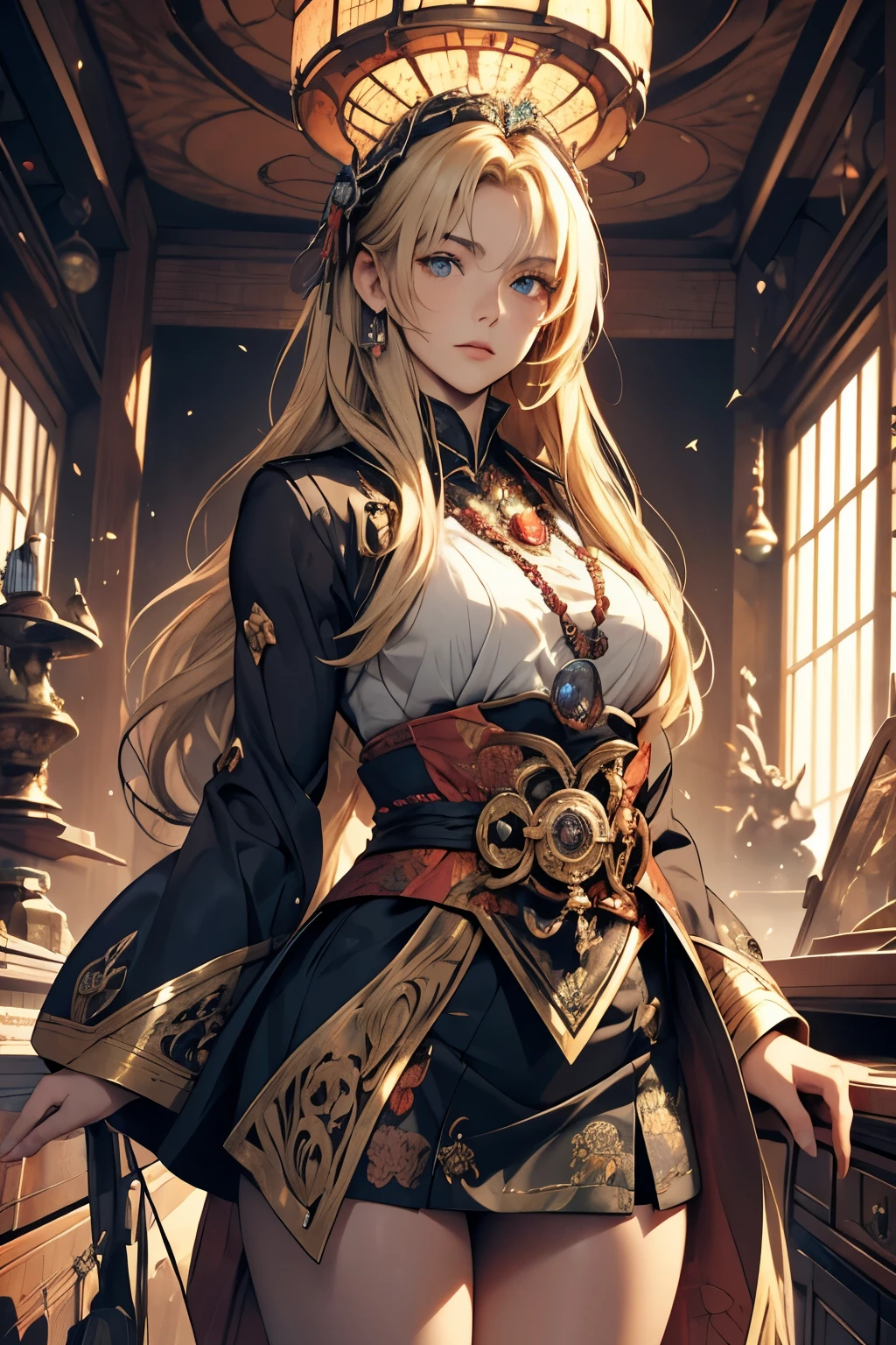František Janoušek, Charles Reich, Kate Seredy,  Alois Wachsman, Victor Ambrus, Surrealism, wonder, strange, bizarre, fantasy, Sci-fi, Japanese anime, Victorian treasure room, precision freak, indoor worshiping beautiful girl in miniskirt, perfect voluminous body, detailed masterpiece Hyper realistic sharp focus  