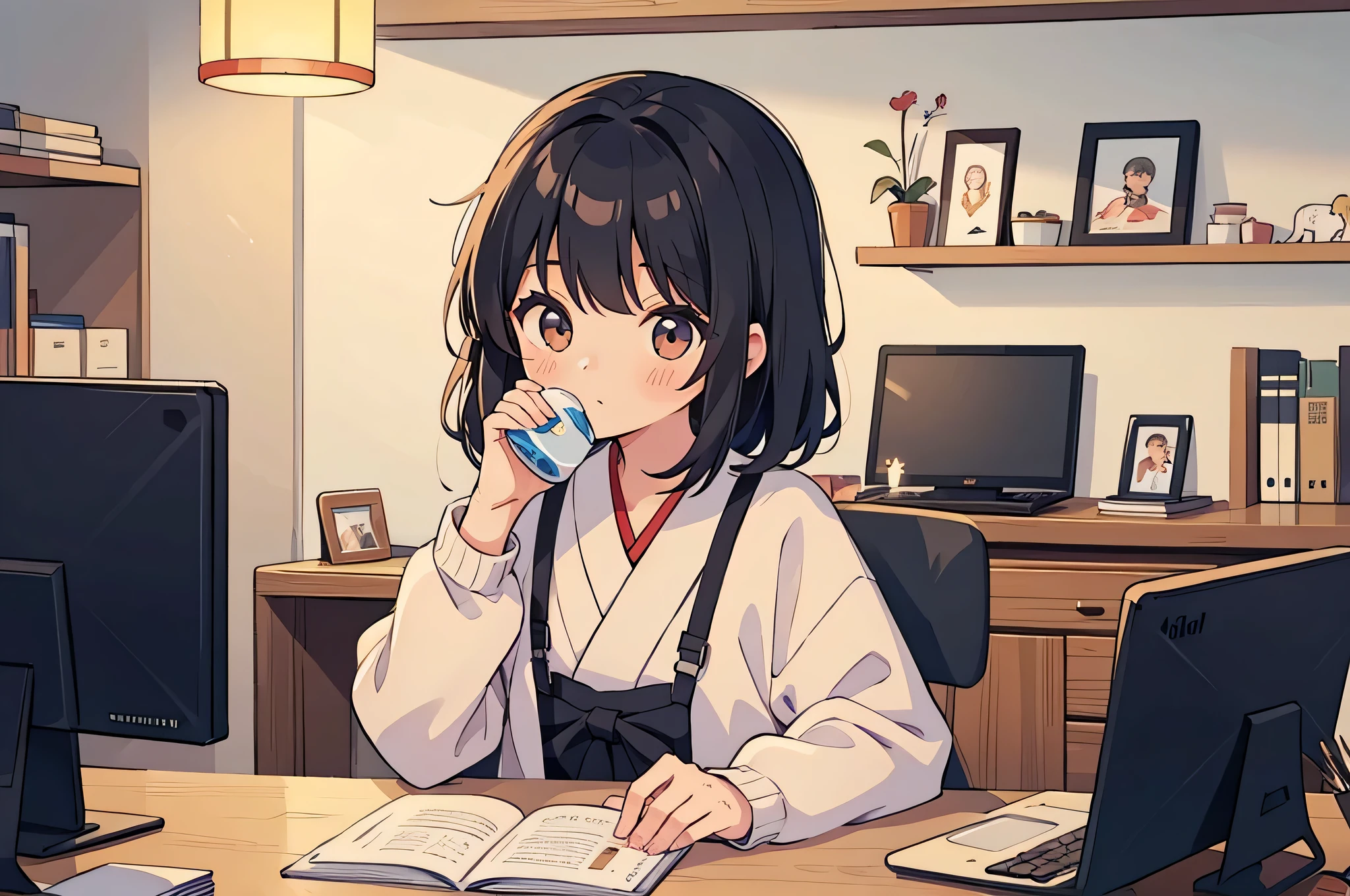 highest quality, masterpiece, girl, 1 person, Japanese, 20-year-old, cute, Black Hair, Drinking coffee in the office