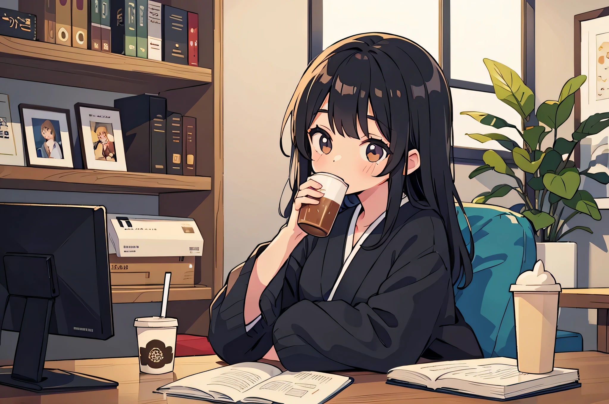 highest quality, masterpiece, girl, 1 person, Japanese, 20-year-old, cute, Black Hair, Drinking coffee in the office